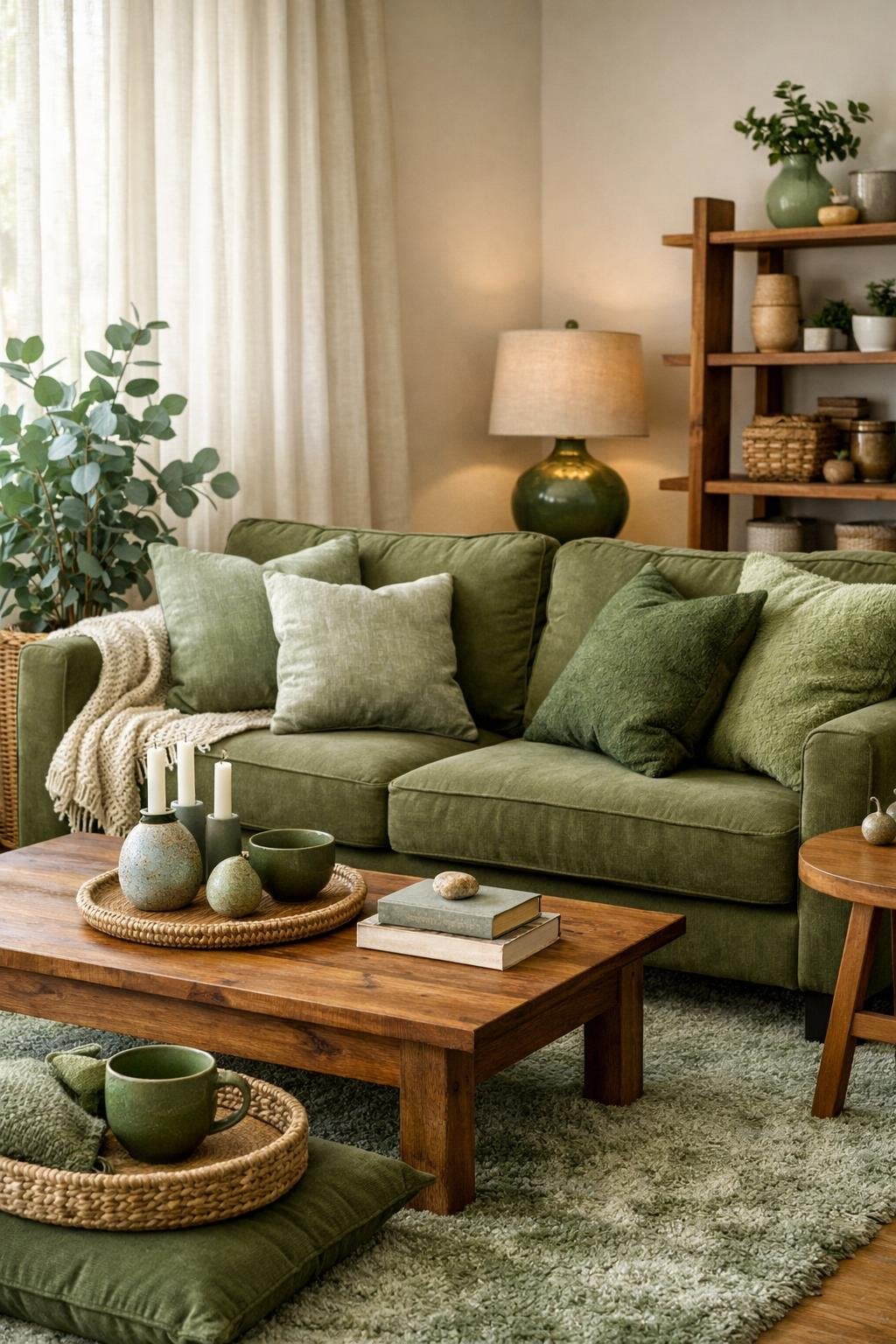 Olive Green Living Room Decor Idea 3 Layered Green Tones