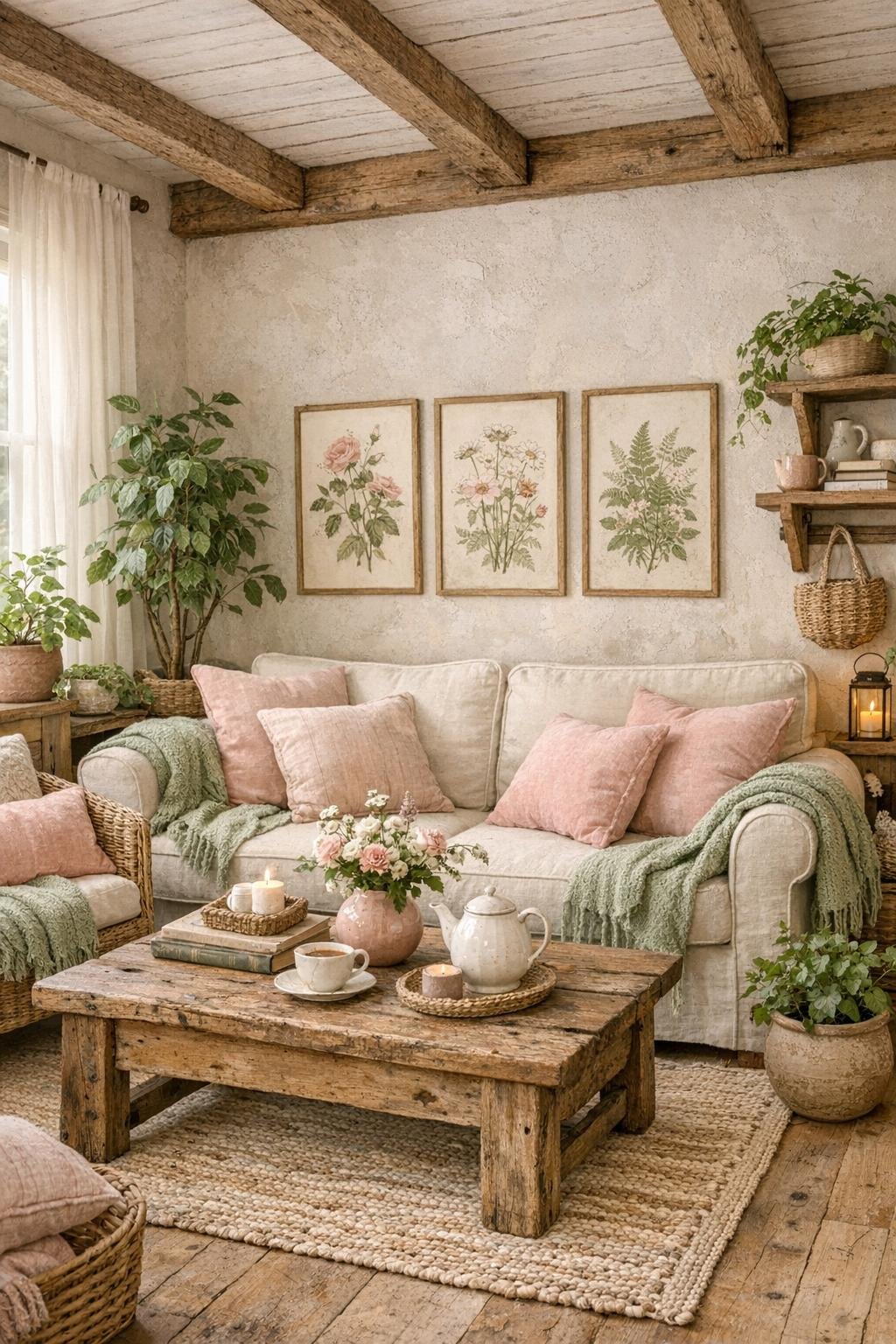 Pink Cottagecore Living Room Decor Idea 3 Pink and Green Accents