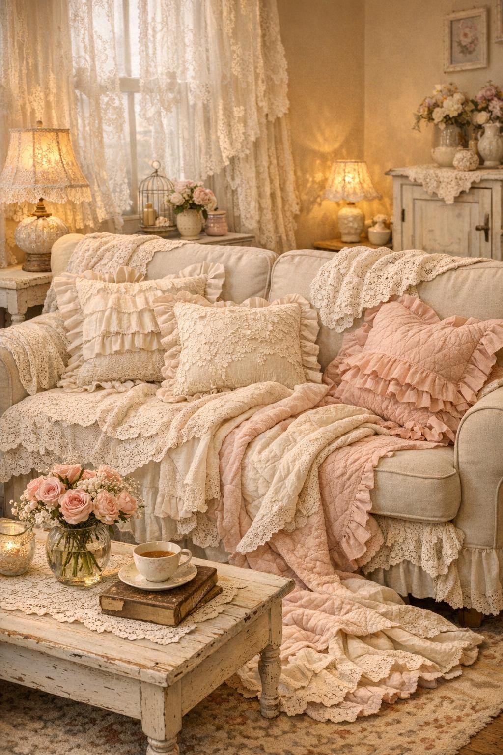 Pink Cottagecore Living Room Decor Idea 5 Lace Ruffled Textures