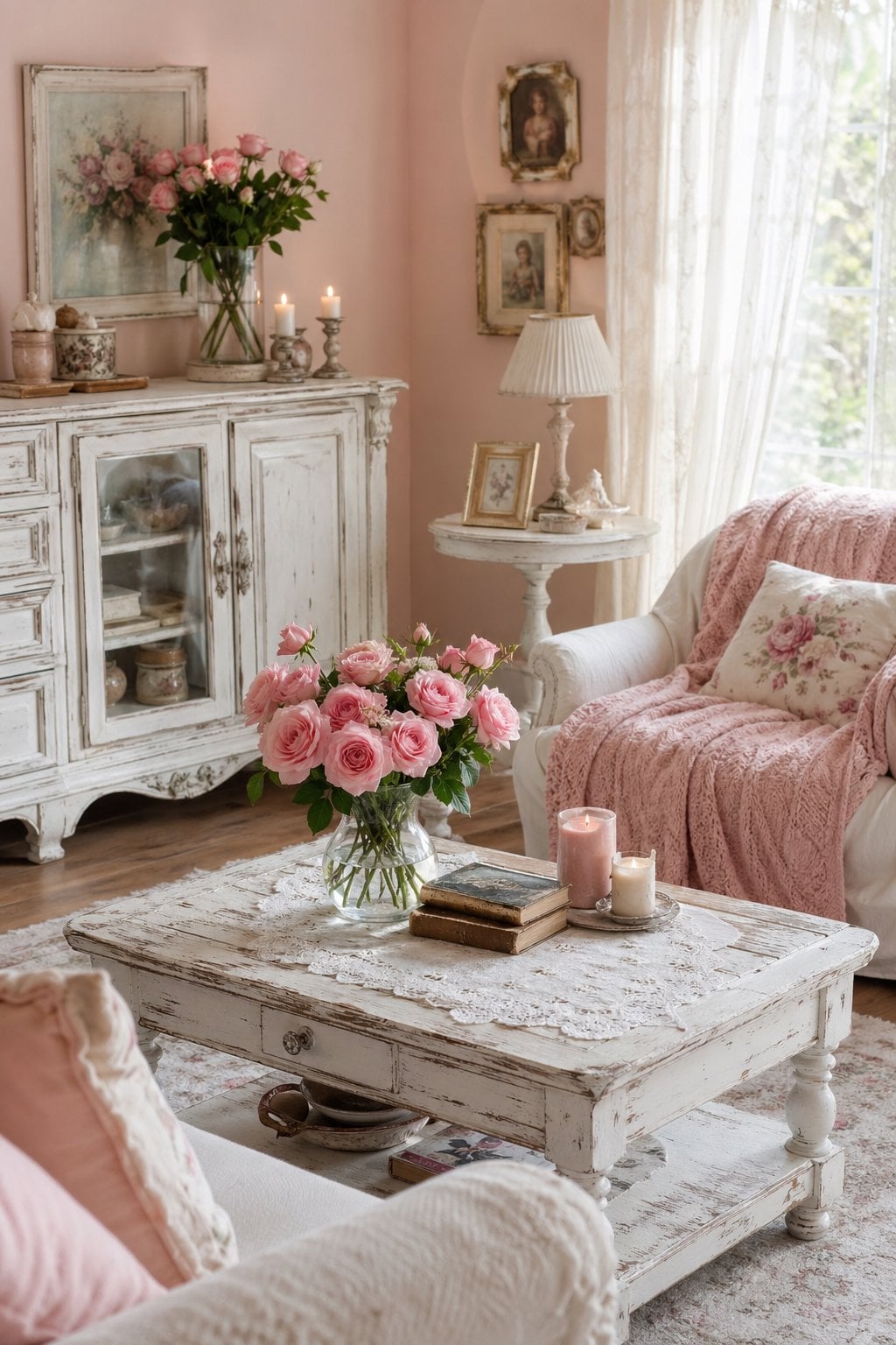Pink Romantic Shabby Chic Living Room Decor Idea 3 Distressed White Furniture