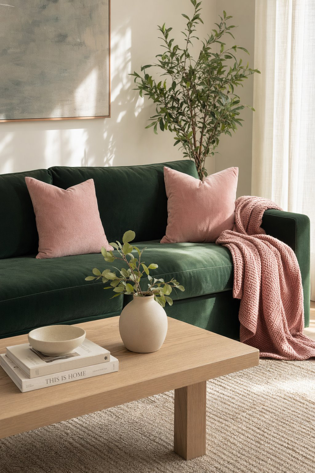 Pink and Green Living Room Decor Idea 3 Velvet Sofa