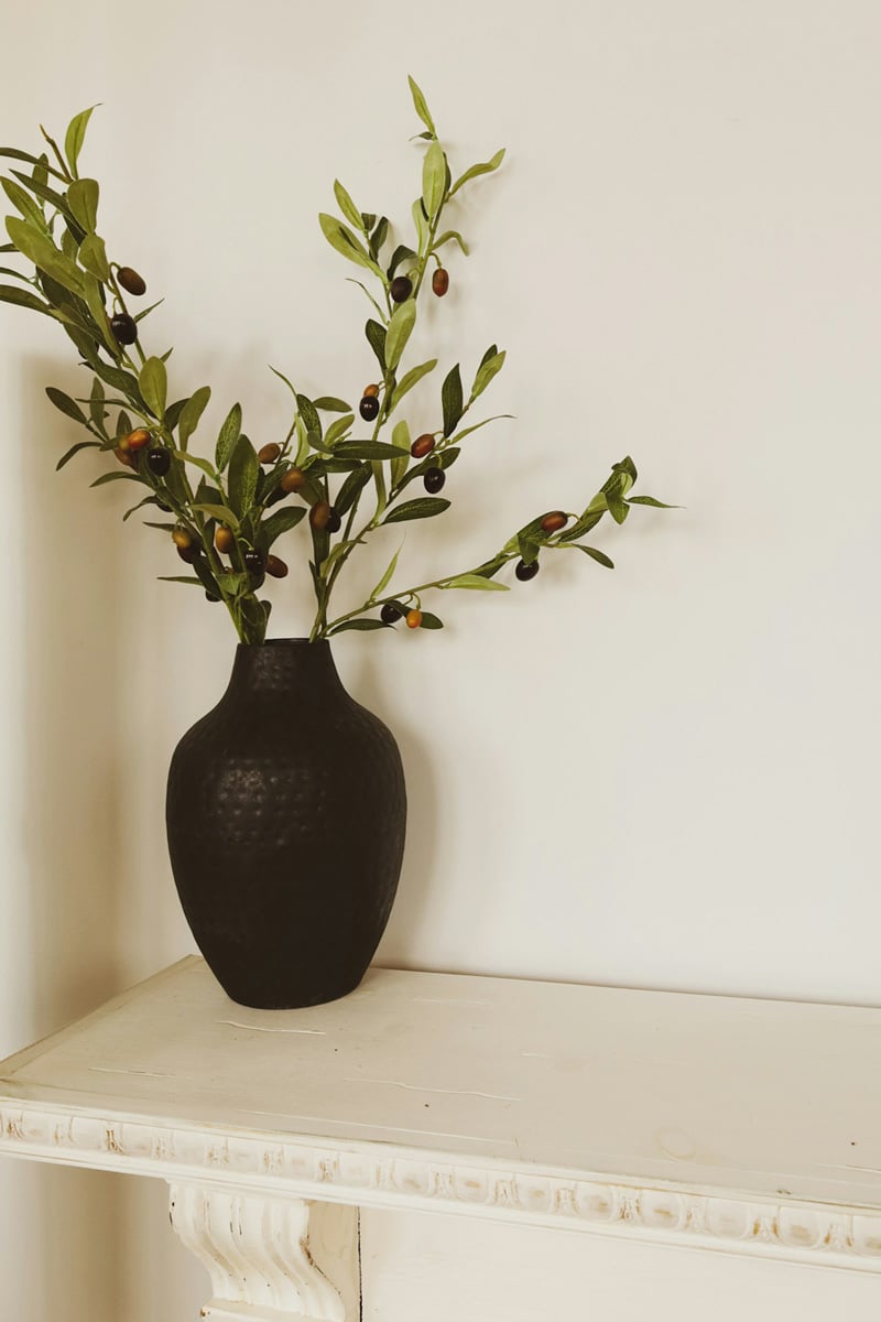 dark vase with olive plant branches