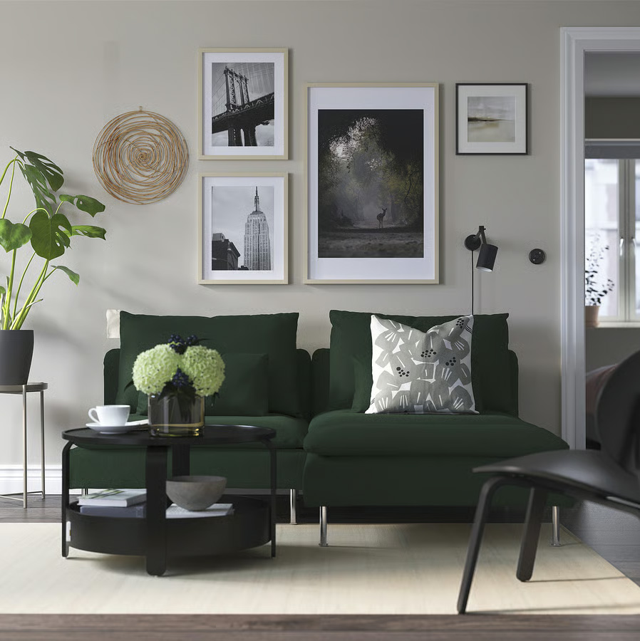 white and dark green living room Ikea soederhamn sofa section tallmyra dark green