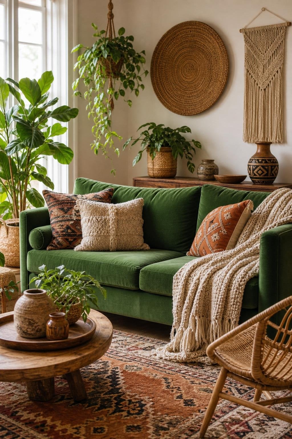 Afro Boho Living Room Decor Idea 2 Green Couch