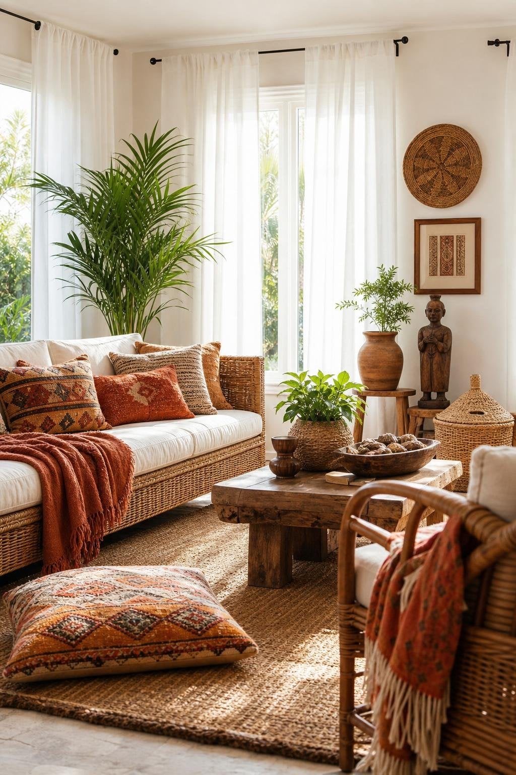 Afro Boho Living Room Decor Idea 4 Light Airy Curtains
