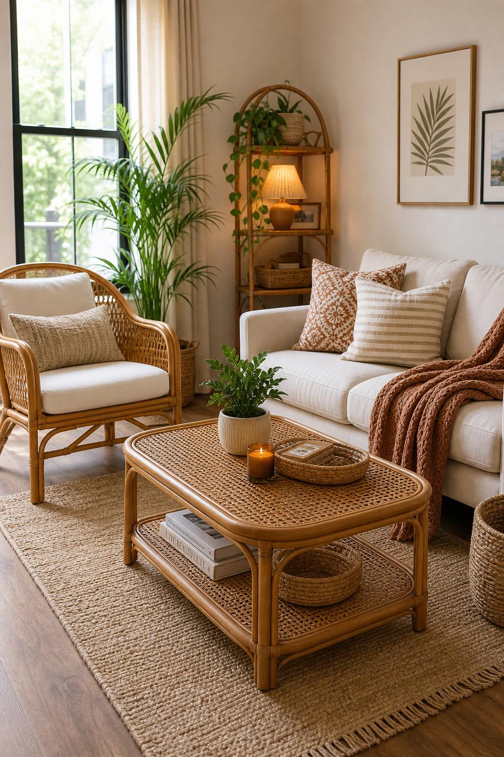 BOHO Living Room Decor for Renters Idea 3 Rattan Cane Accents