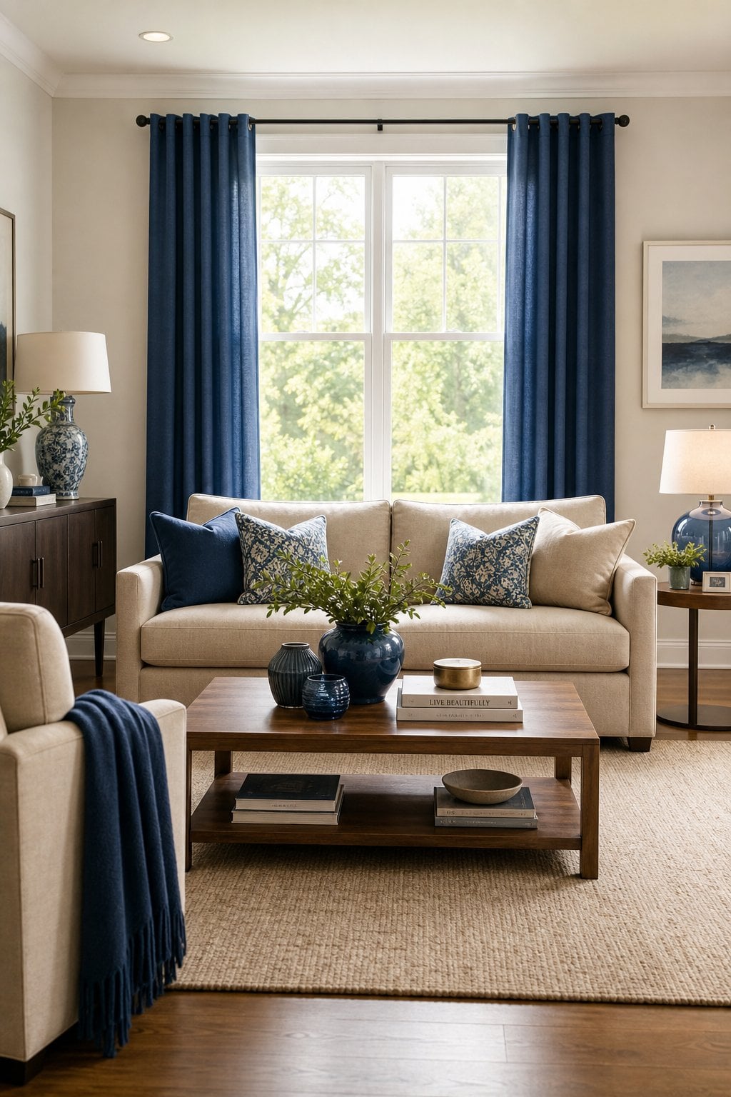 Beige and Blue Living Room Decor Idea 2 Curtains