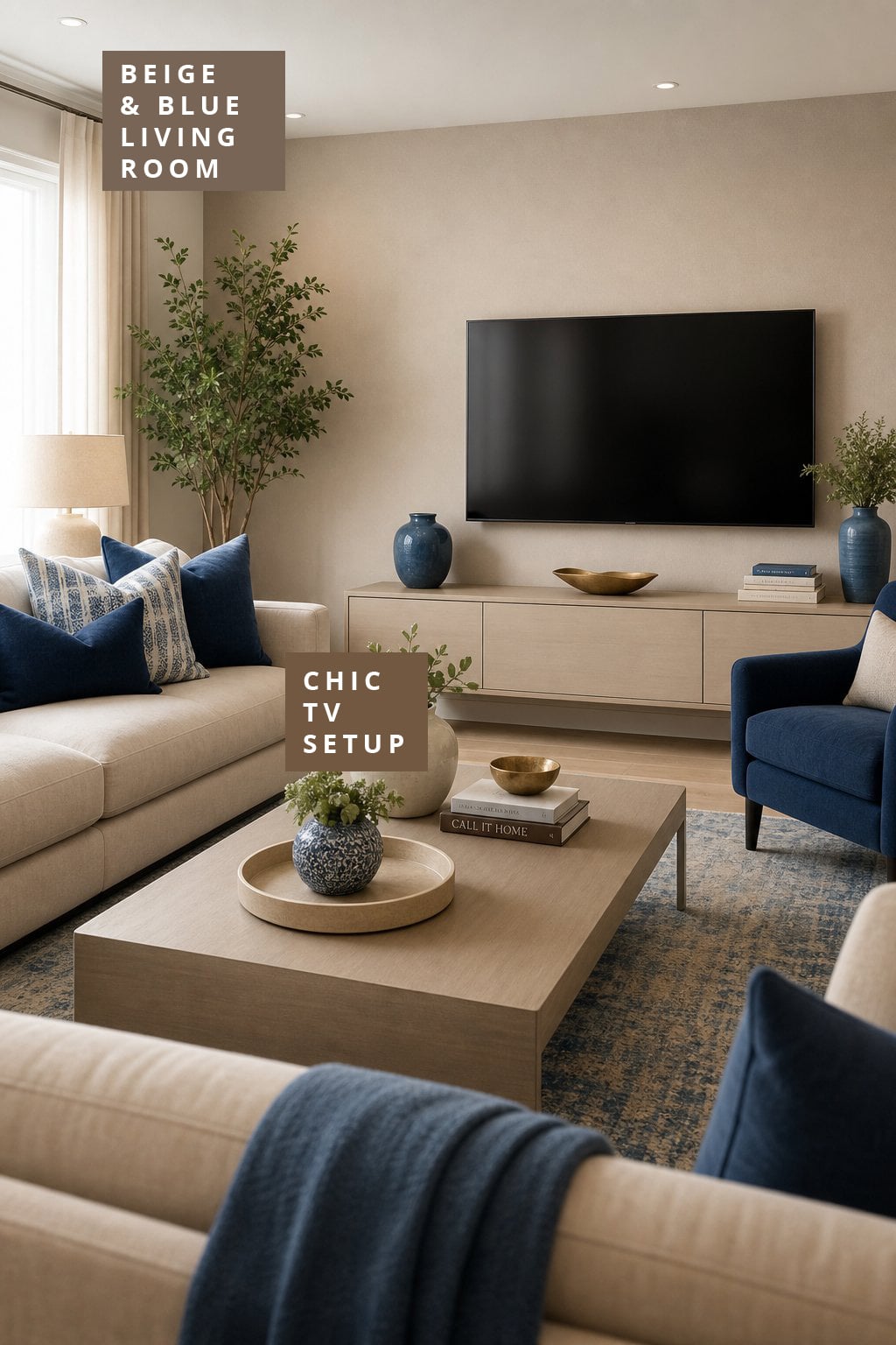 Beige and Blue Living Room Decor Idea 5 Chic TV Setup