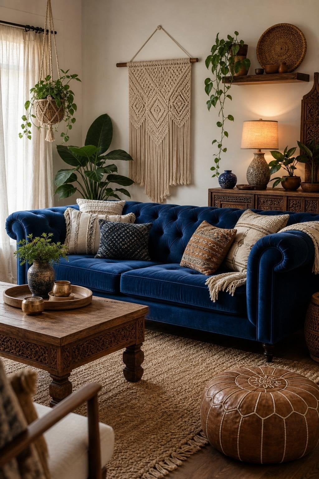 Blue BOHO Living Room Decor Idea 1 Velvet Sofa