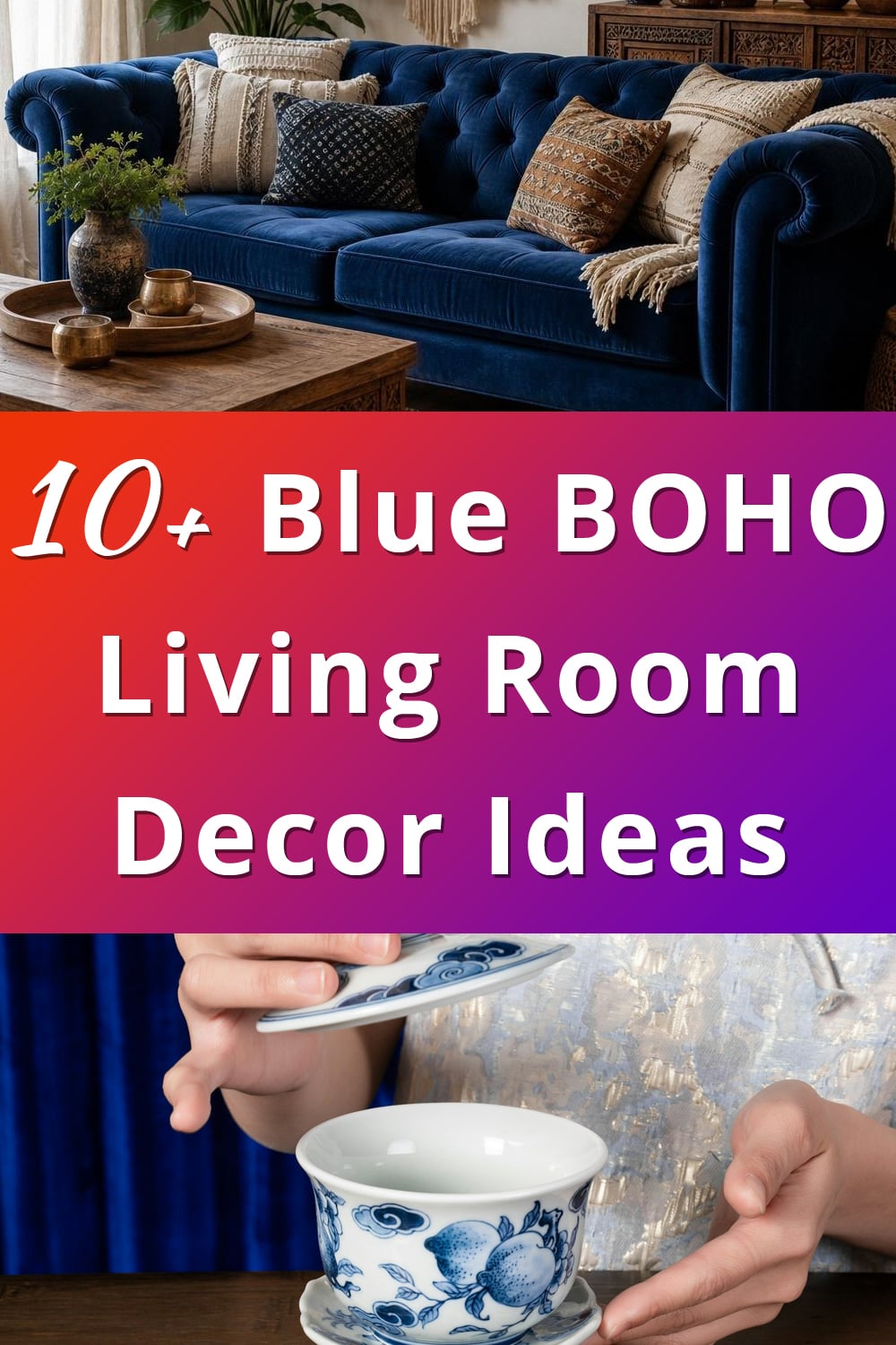 Blue BOHO Living Room Decor Ideas pin 1