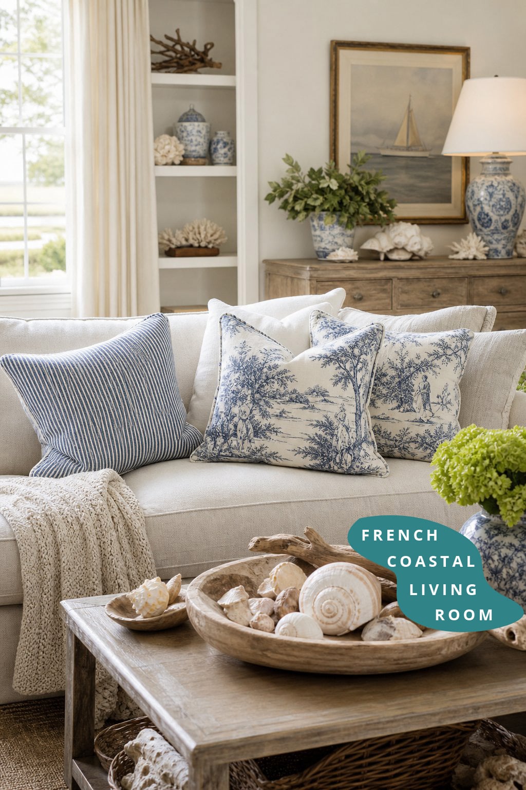 Coastal French Country Living Room Decor Idea 4 Blue Toile Accent Pillows