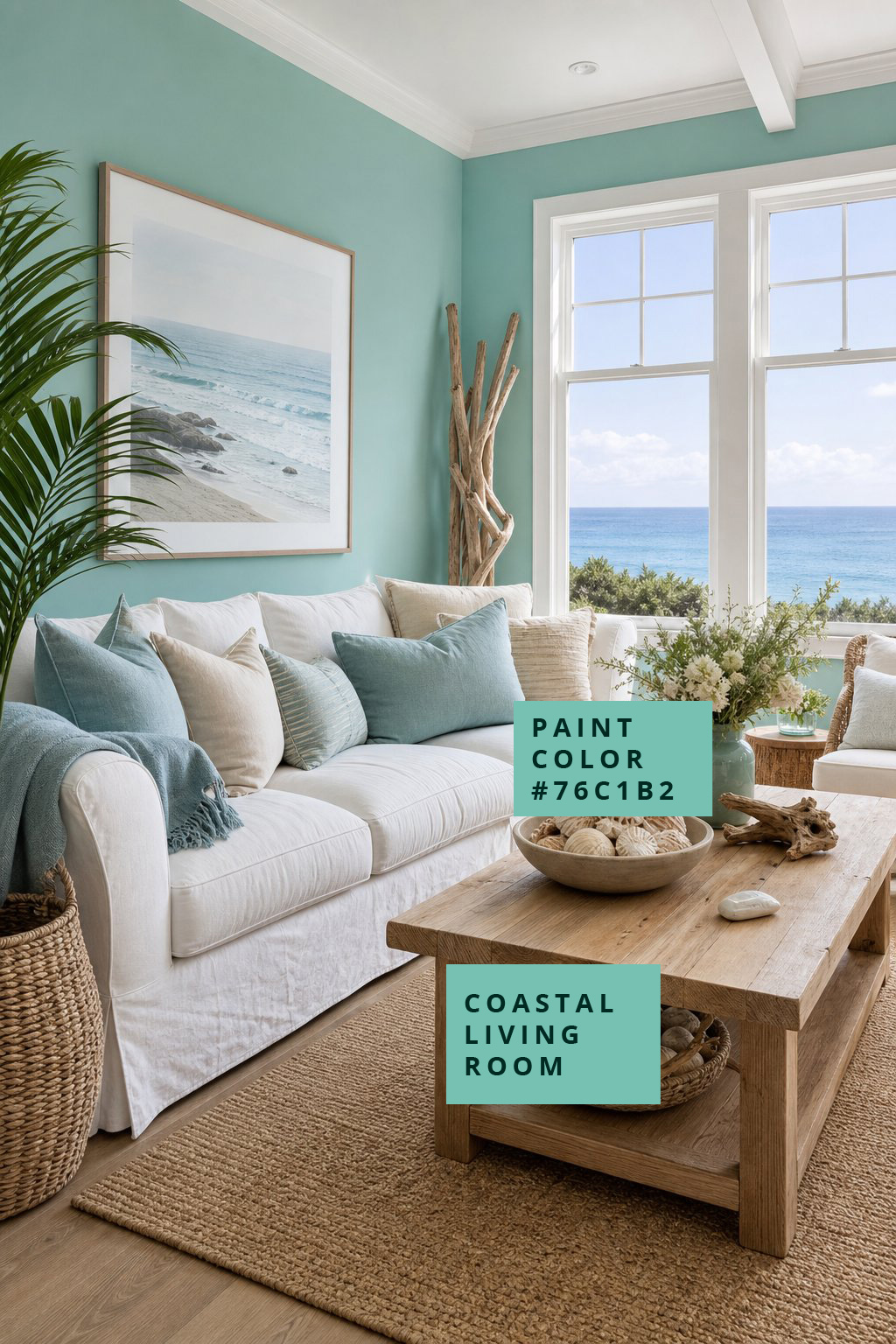 Coastal Living Room Paint Color 8 Seaglass Teal 76C1B2