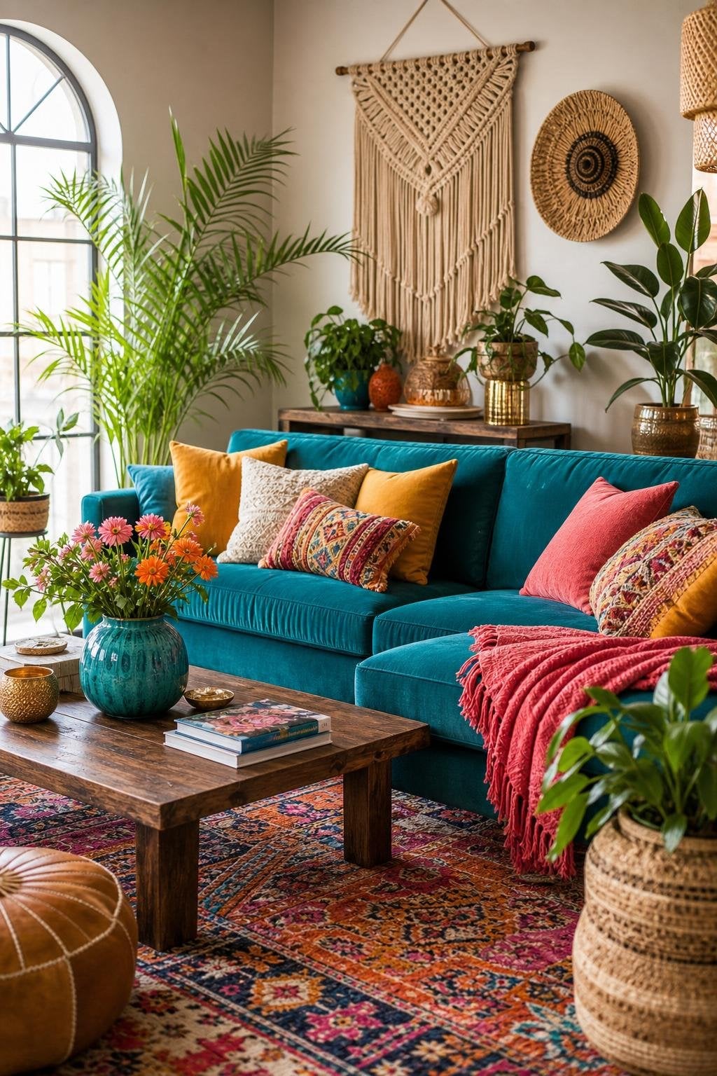 Colorful BOHO Living Room Decor Idea 1 Teal Sofa