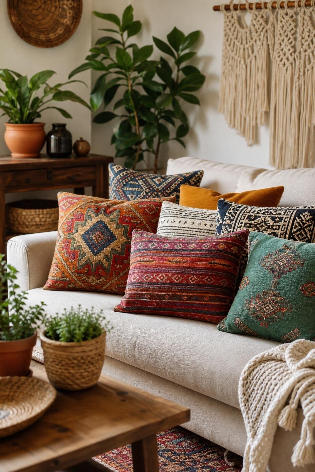 Colorful BOHO Living Room Decor Idea 2 Vibrant Throw Pillows