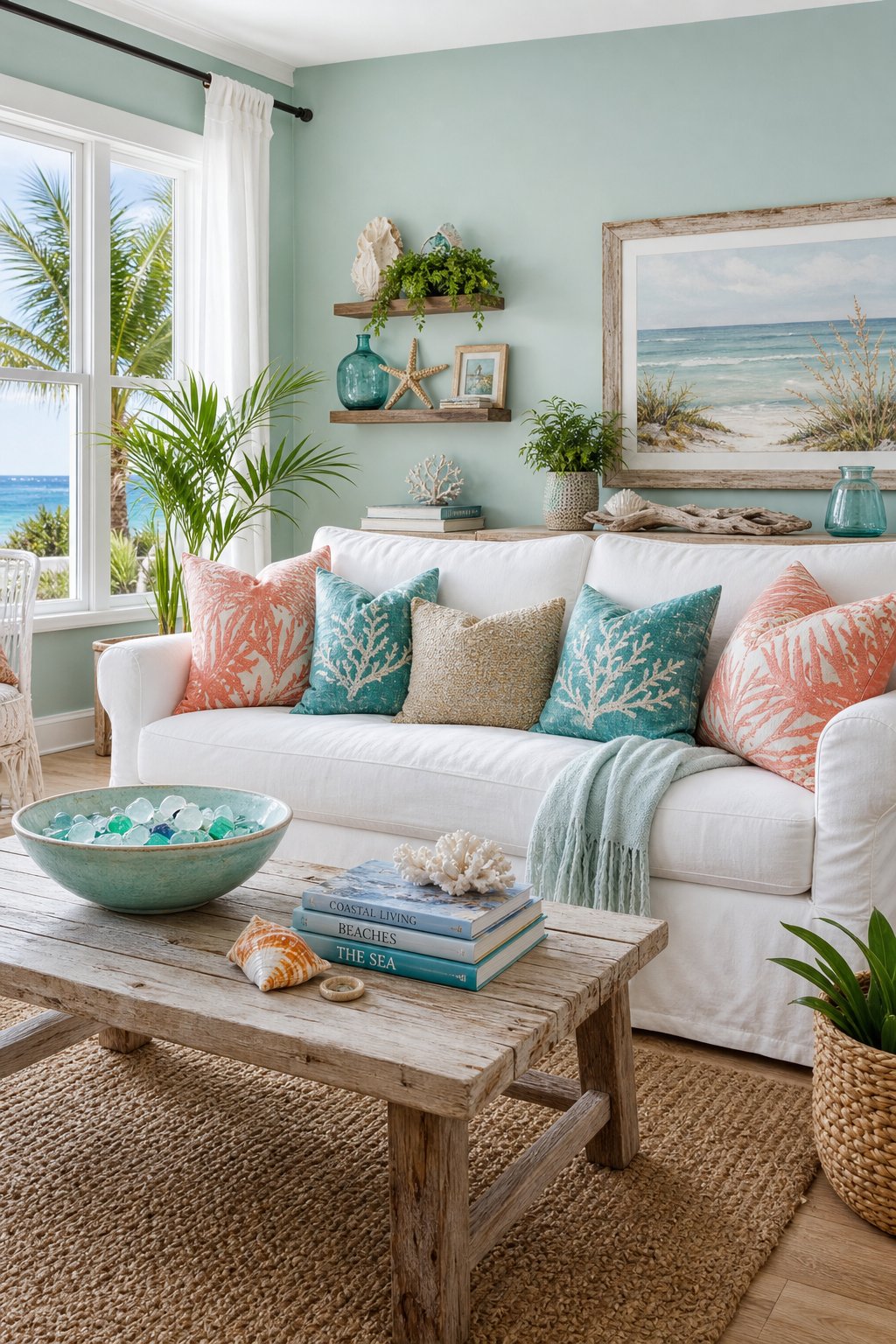 Colorful Coastal Living Room Decor Idea 1 Soft Seafoam Wall Paint