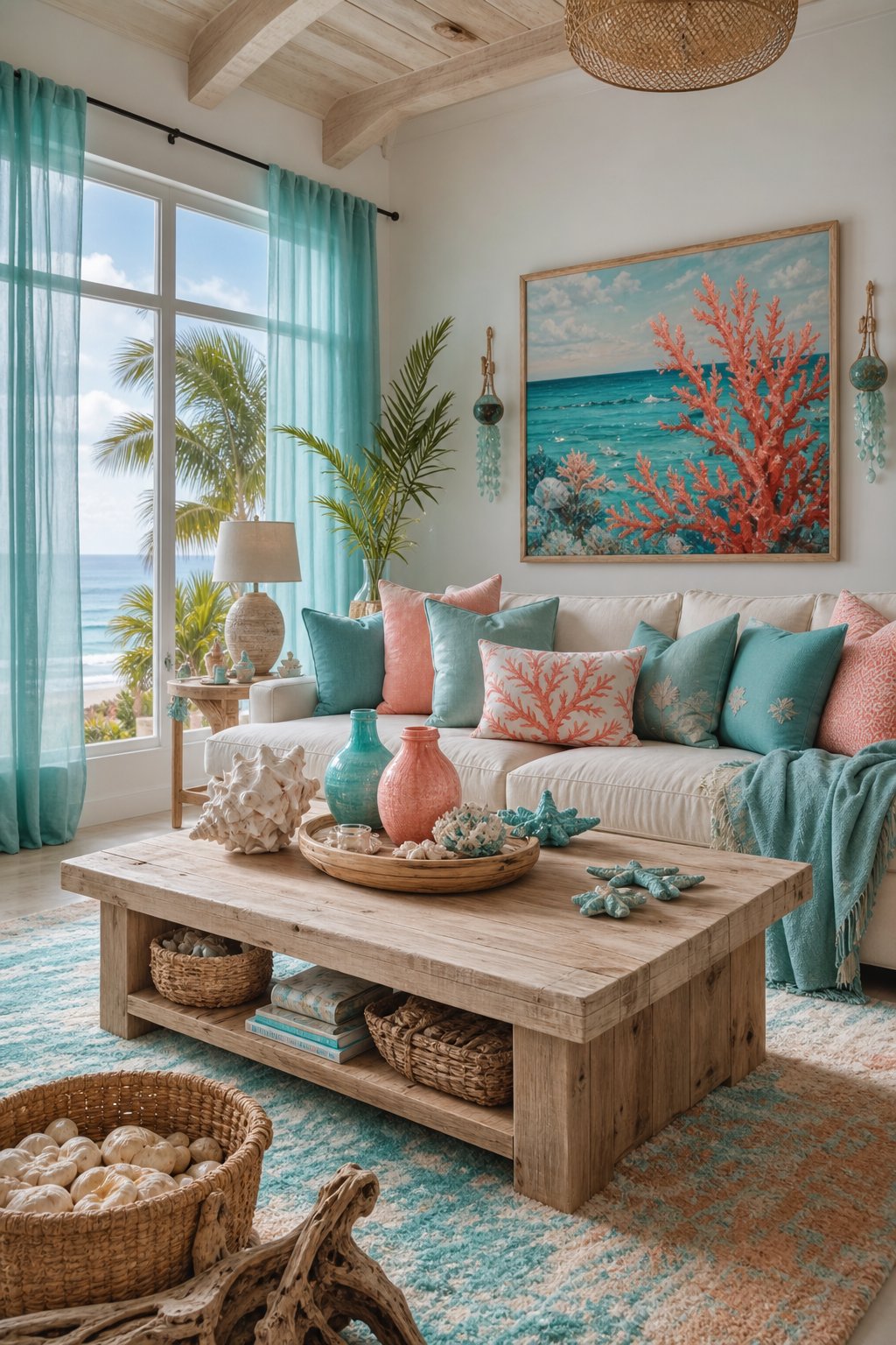 Colorful Coastal Living Room Decor Idea 2 Coral Turquoise Mix