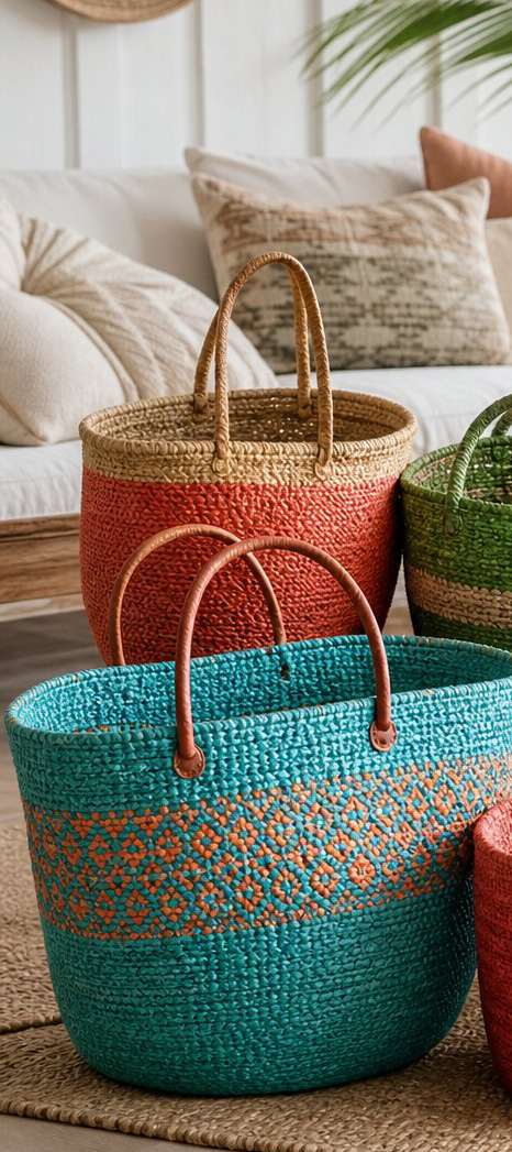 Colorful Coastal Living Room Decor Idea 4 Woven Baskets