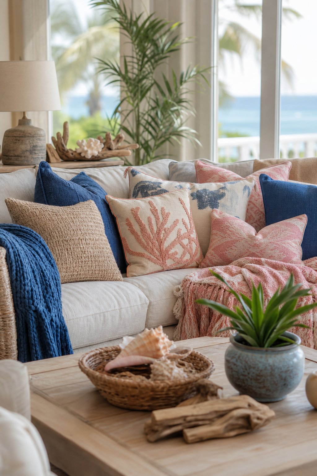 Colorful Coastal Living Room Decor Idea 5 Throw Pillows