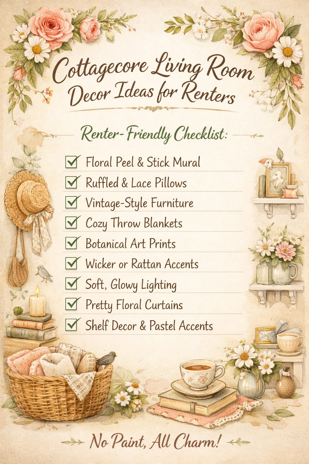 Cottagecore Living Room Decor Ideas for Renters checklist