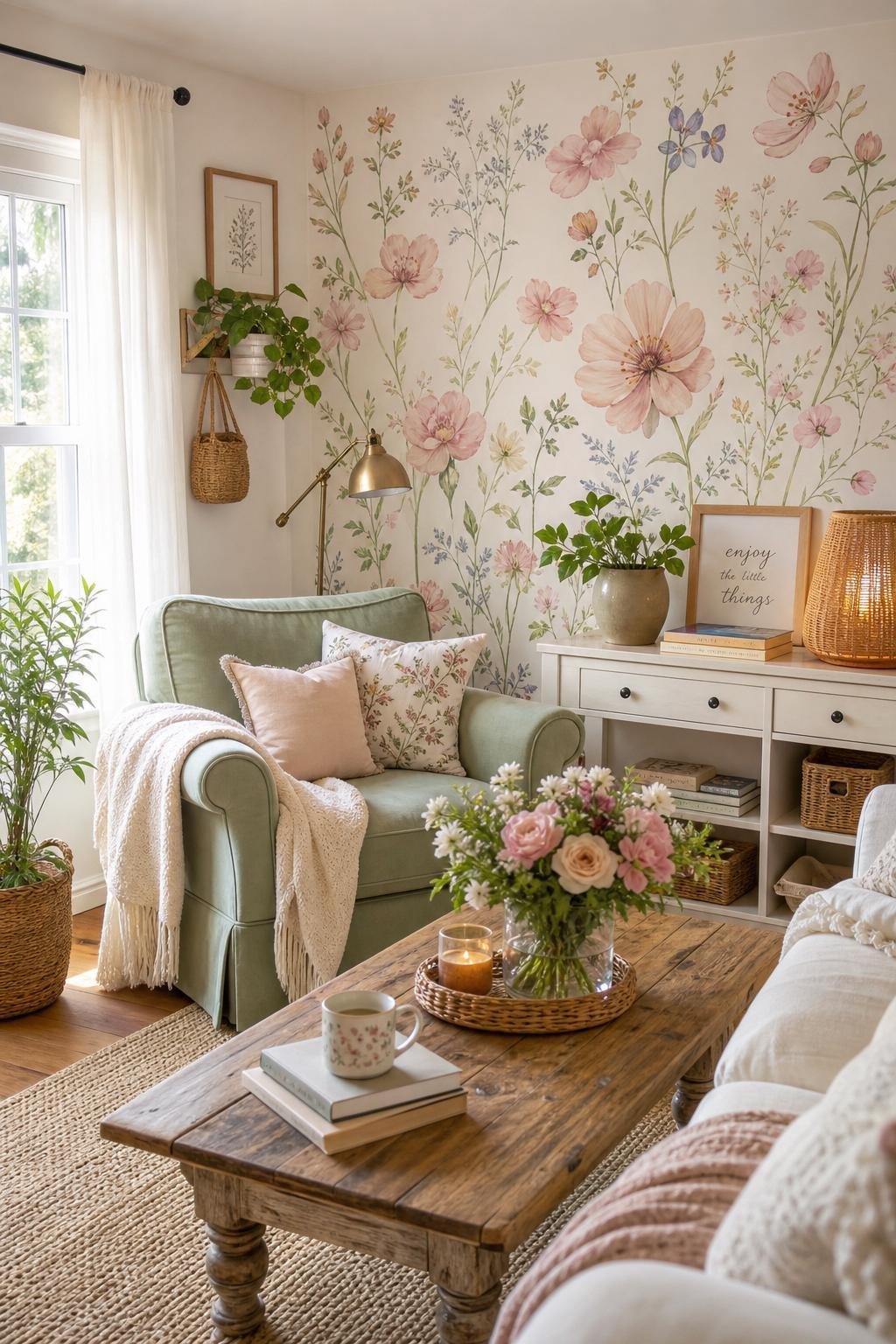 Cottagecore Living Room Decor for Renters Idea 1 Floral Peel and Stick Murals