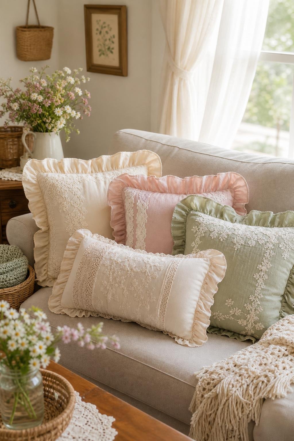 Cottagecore Living Room Decor for Renters Idea 2 Ruffled and Lace Throw Pillows