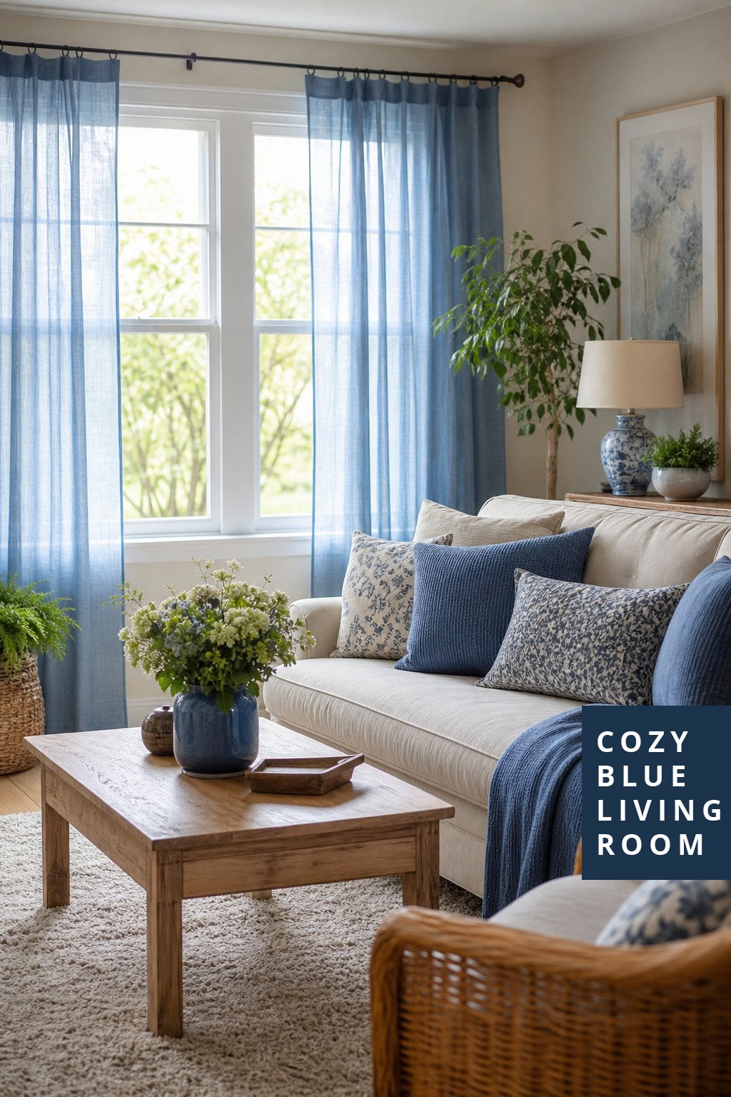 Cozy Blue Living Room Decor Idea 4 Soft Curtains
