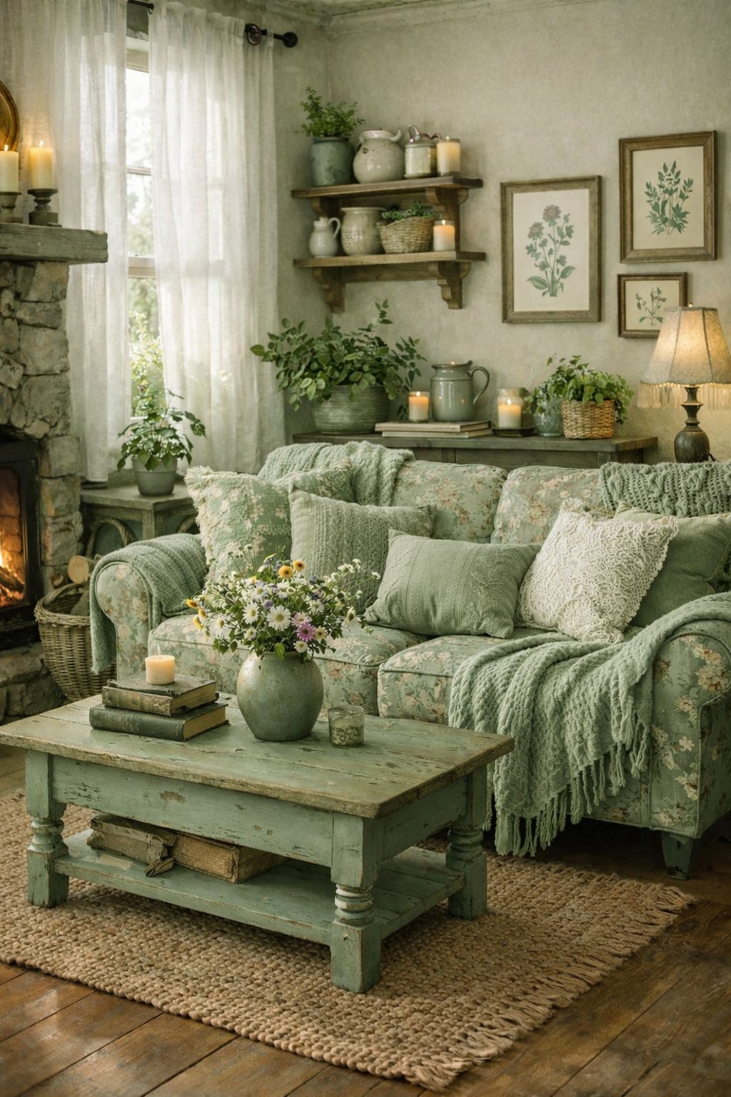 Cozy Cottagecore Living Room Idea sage green