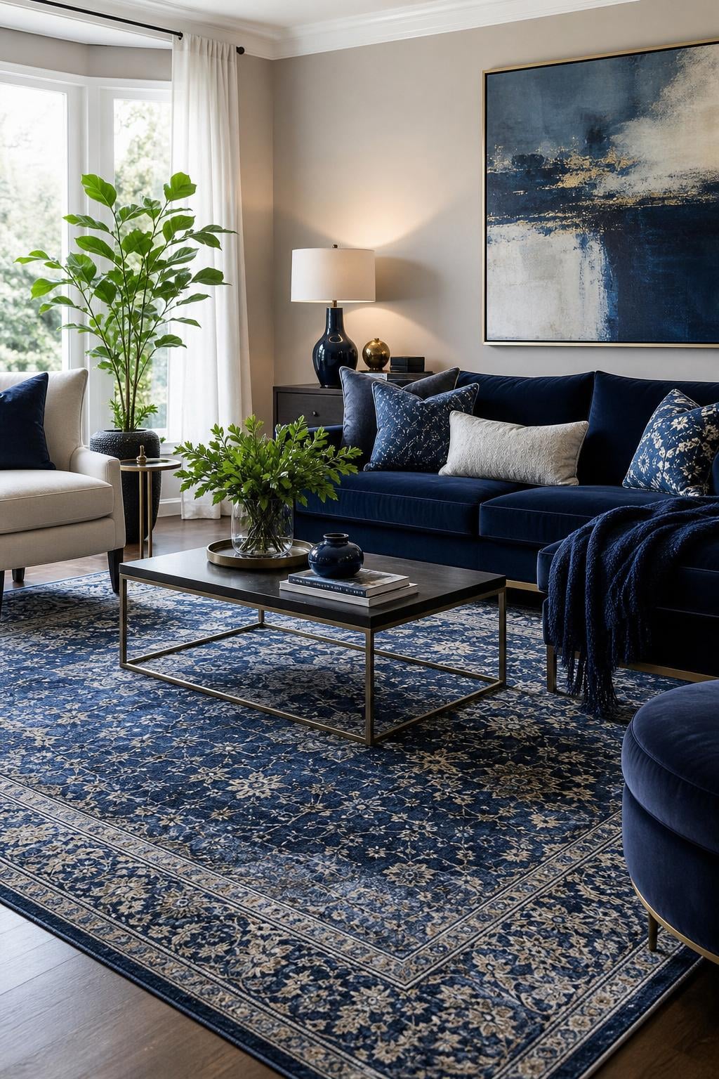 Dark Blue Living Room Decor Idea 3 Patterned Rug