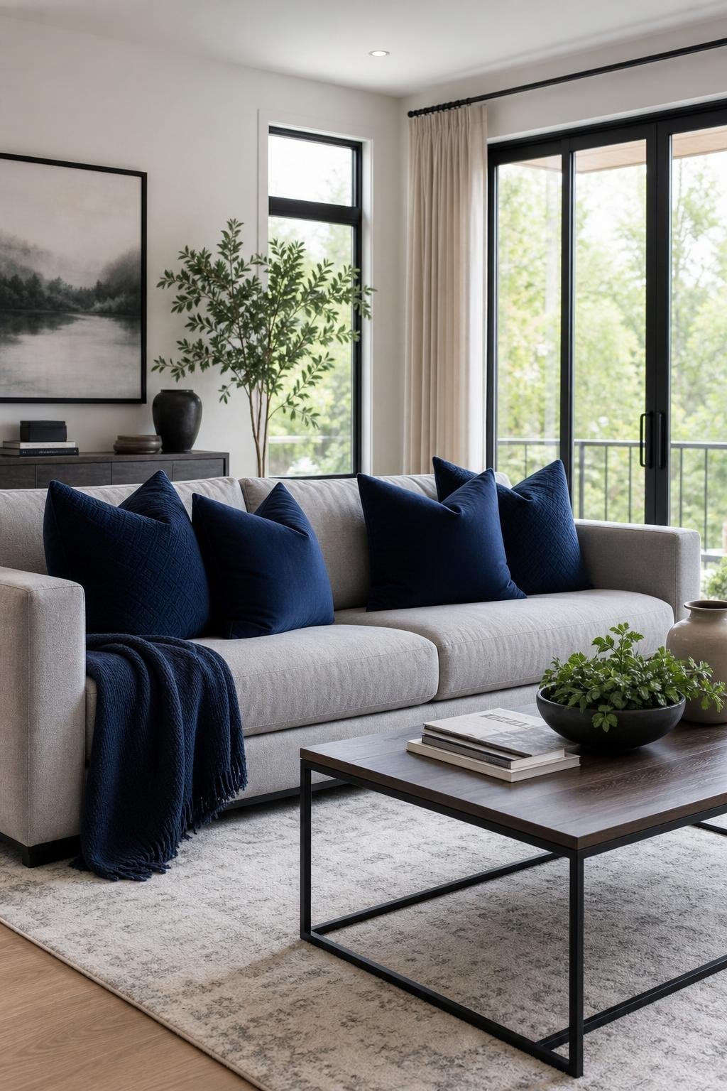 Dark Blue Living Room Decor Idea 4 Throw Pillows