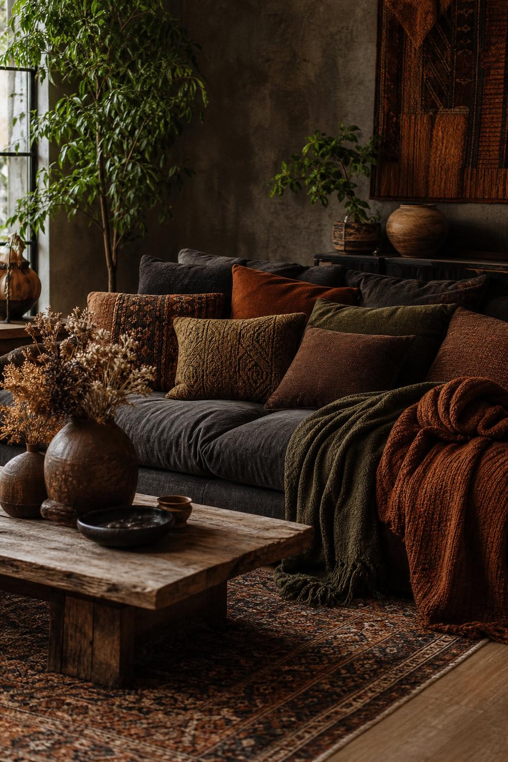 Dark Moody BOHO Living Room Decor Idea 1 Deep Earthy Textiles