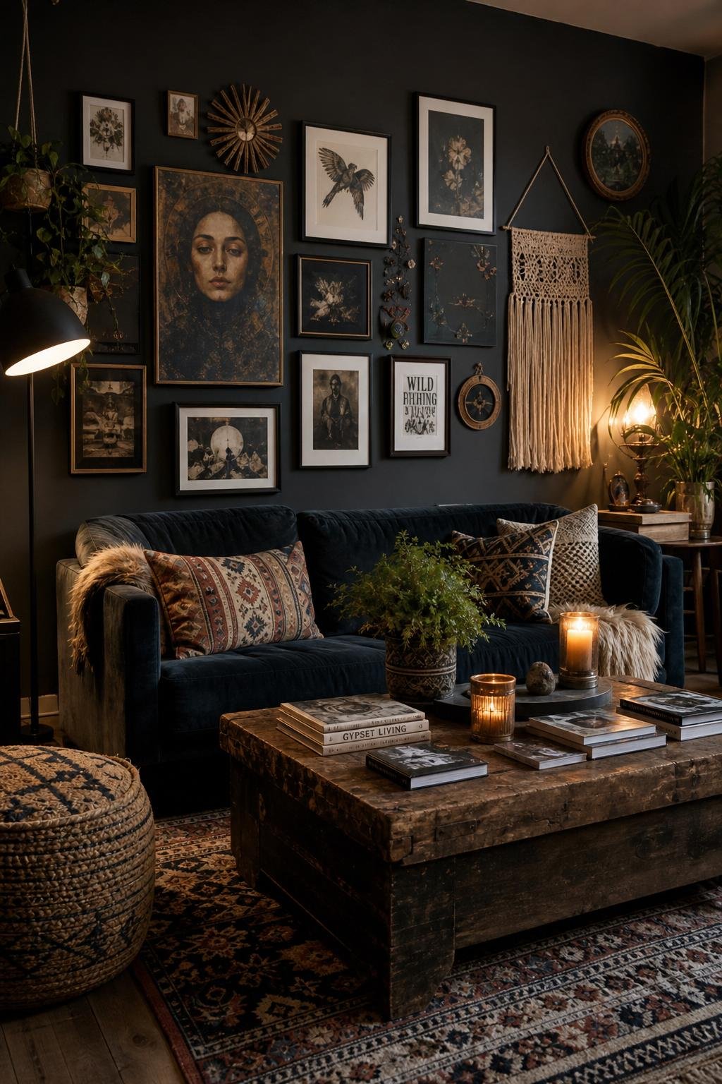 Dark Moody BOHO Living Room Decor Idea 2 Eclectic Gallery Wall