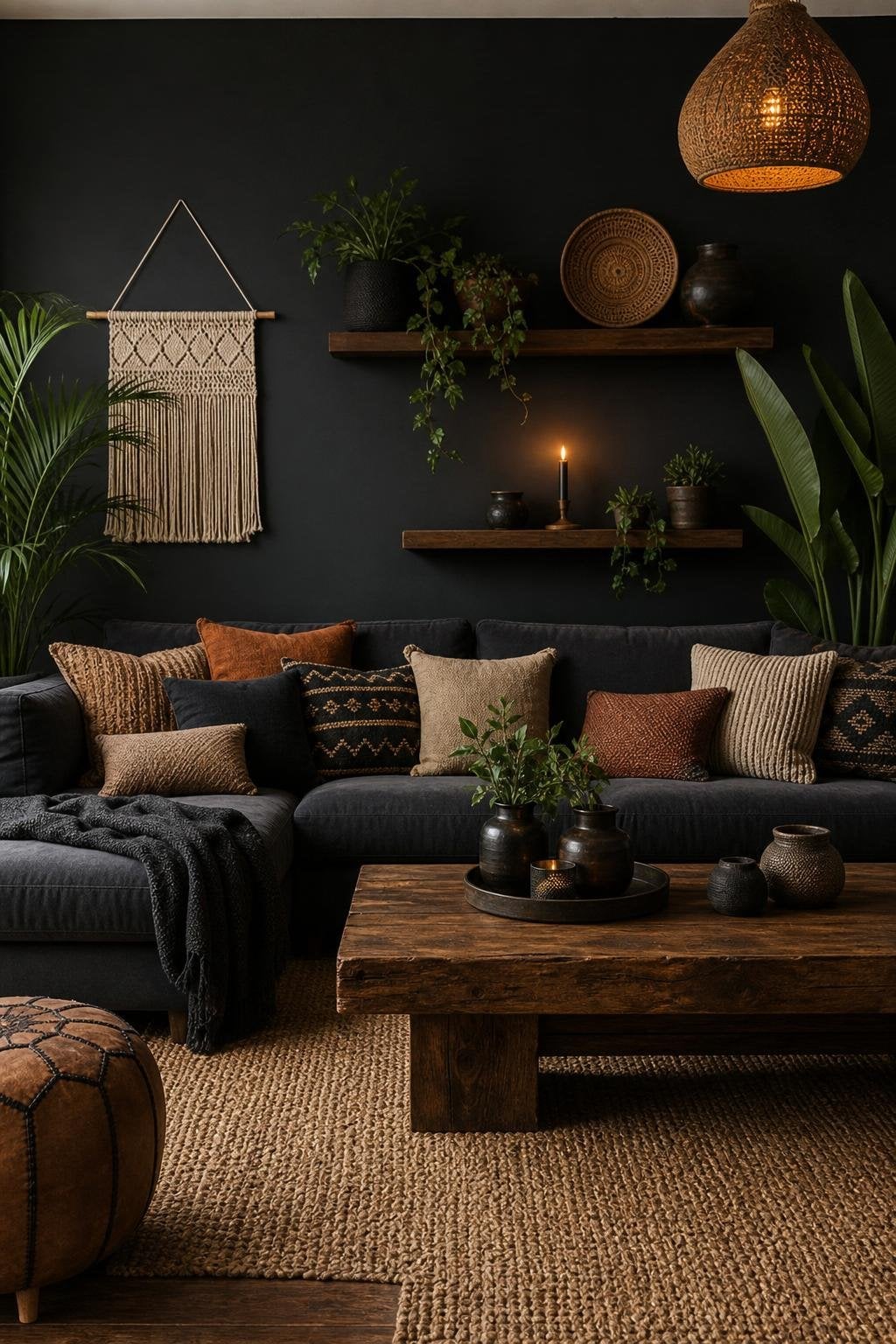 Dark Moody BOHO Living Room Decor Idea 3 Charcoal Accent Wall