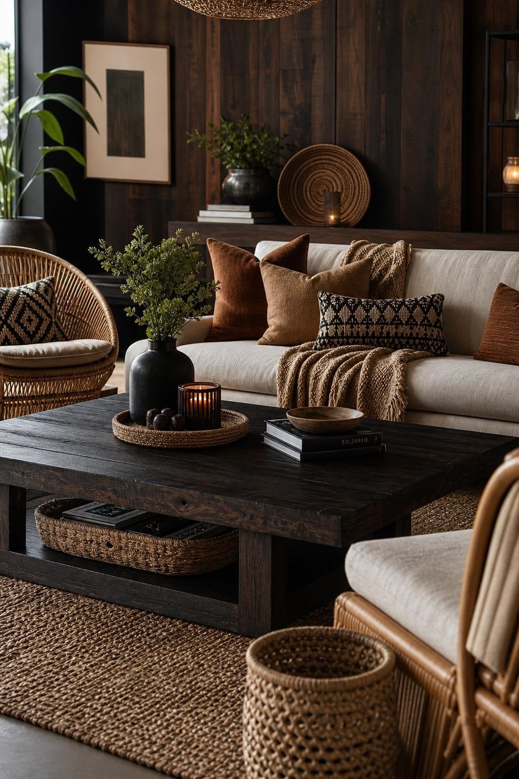 Dark Moody BOHO Living Room Decor Idea 4 Dark Woods Woven Textures