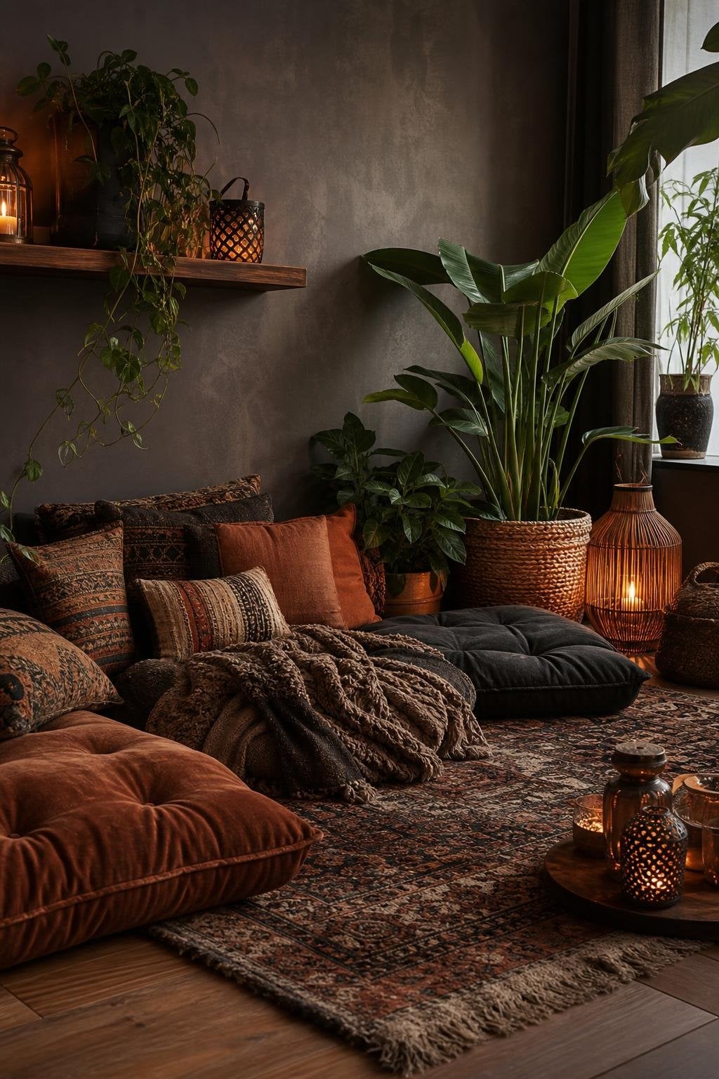 Dark Moody BOHO Living Room Decor Idea 5 Cozy Lounge Corner