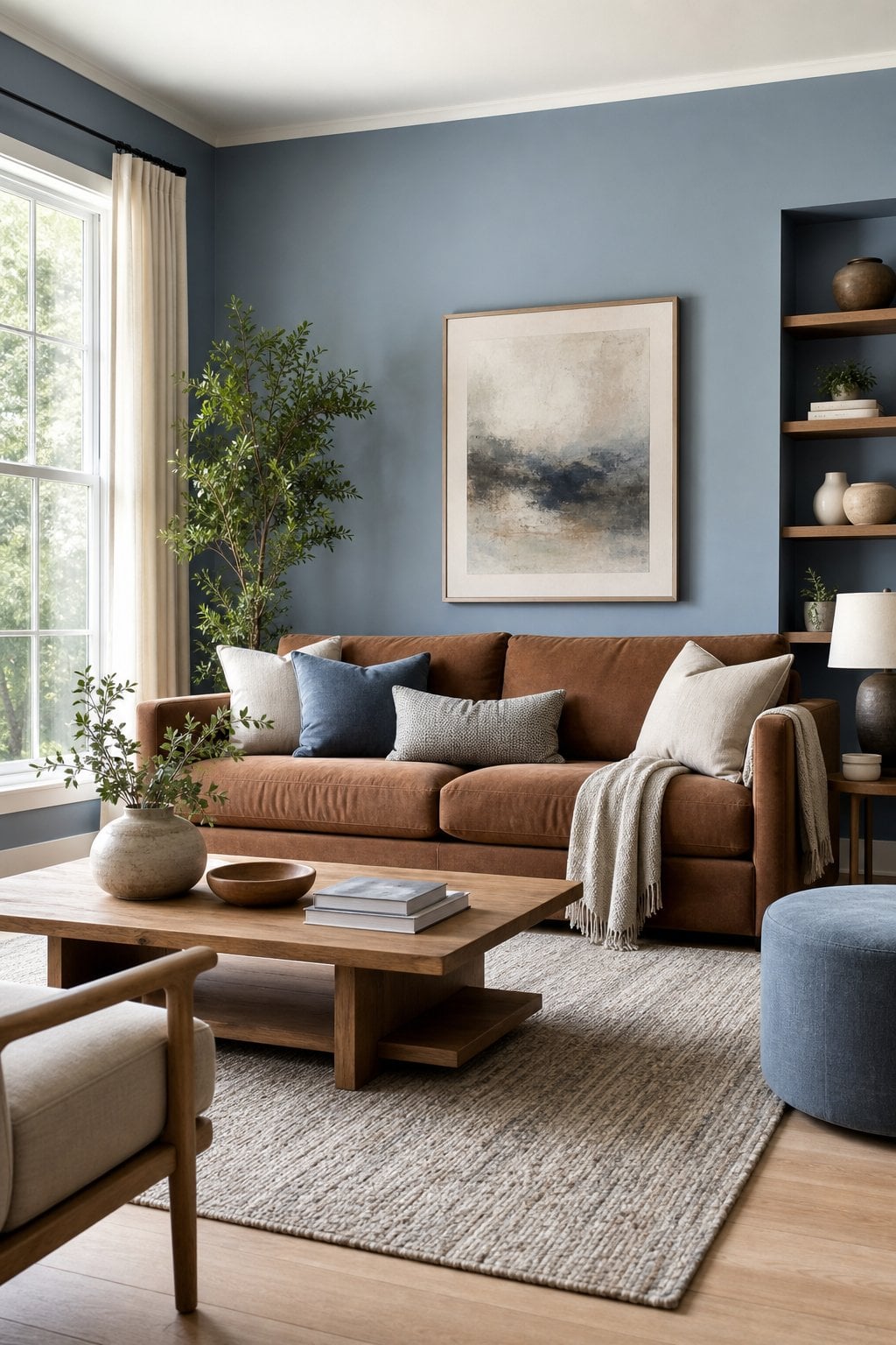 Dusty Blue Living Room Decor Idea 3 with Brown Couch