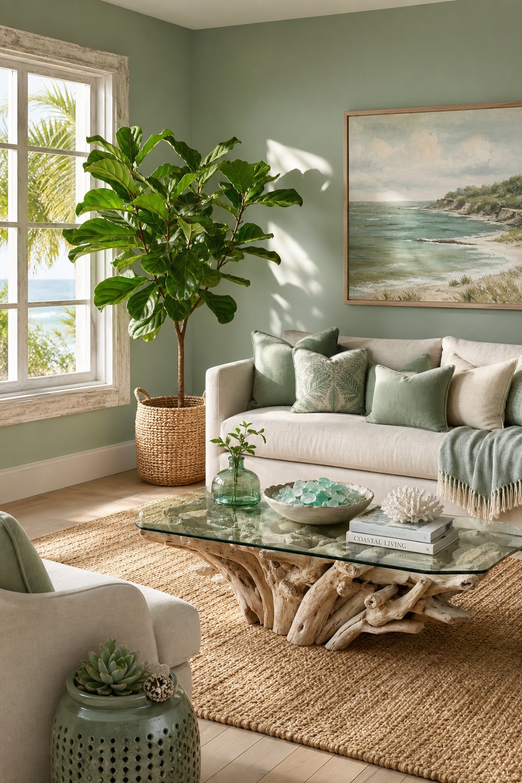 Green Coastal Living Room Decor Idea 1 Sage Walls