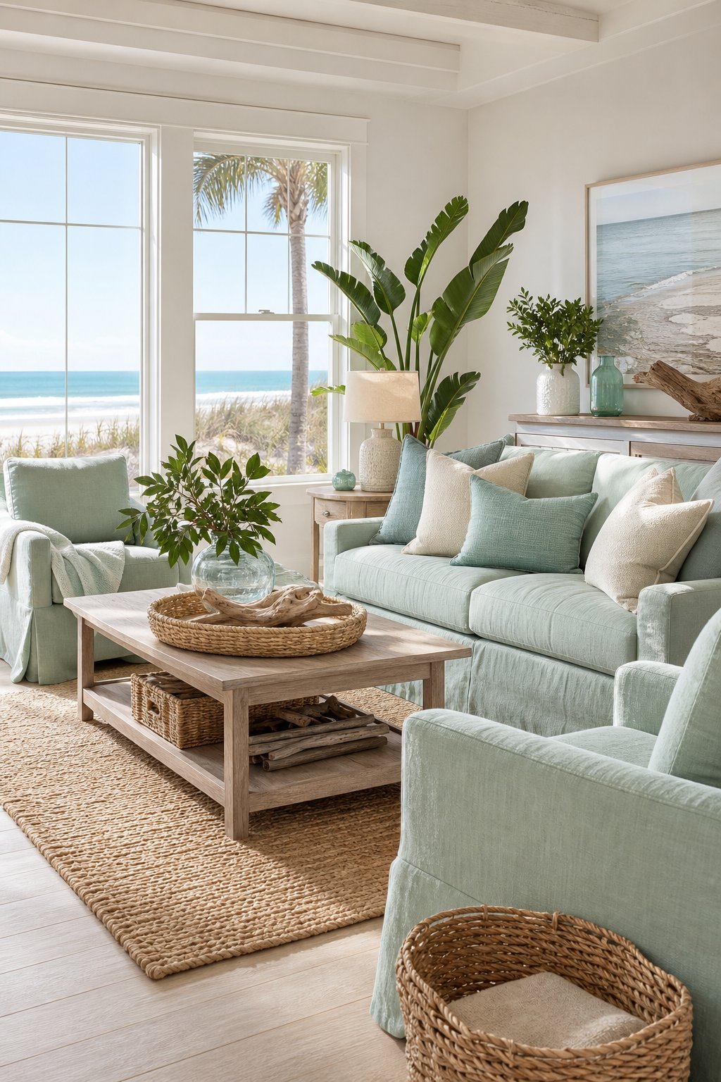 Green Coastal Living Room Decor Idea 2 Pale Green Slipcovers