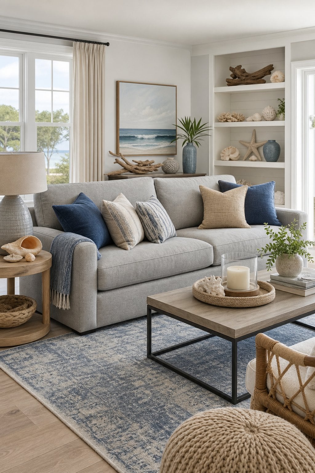 Grey Coastal Living Room Blue Beige Details Decor Idea 1 Sofa