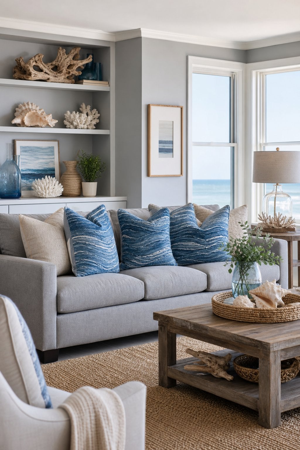 Grey Coastal Living Room Blue Beige Details Decor Idea 2 Throw Pillows