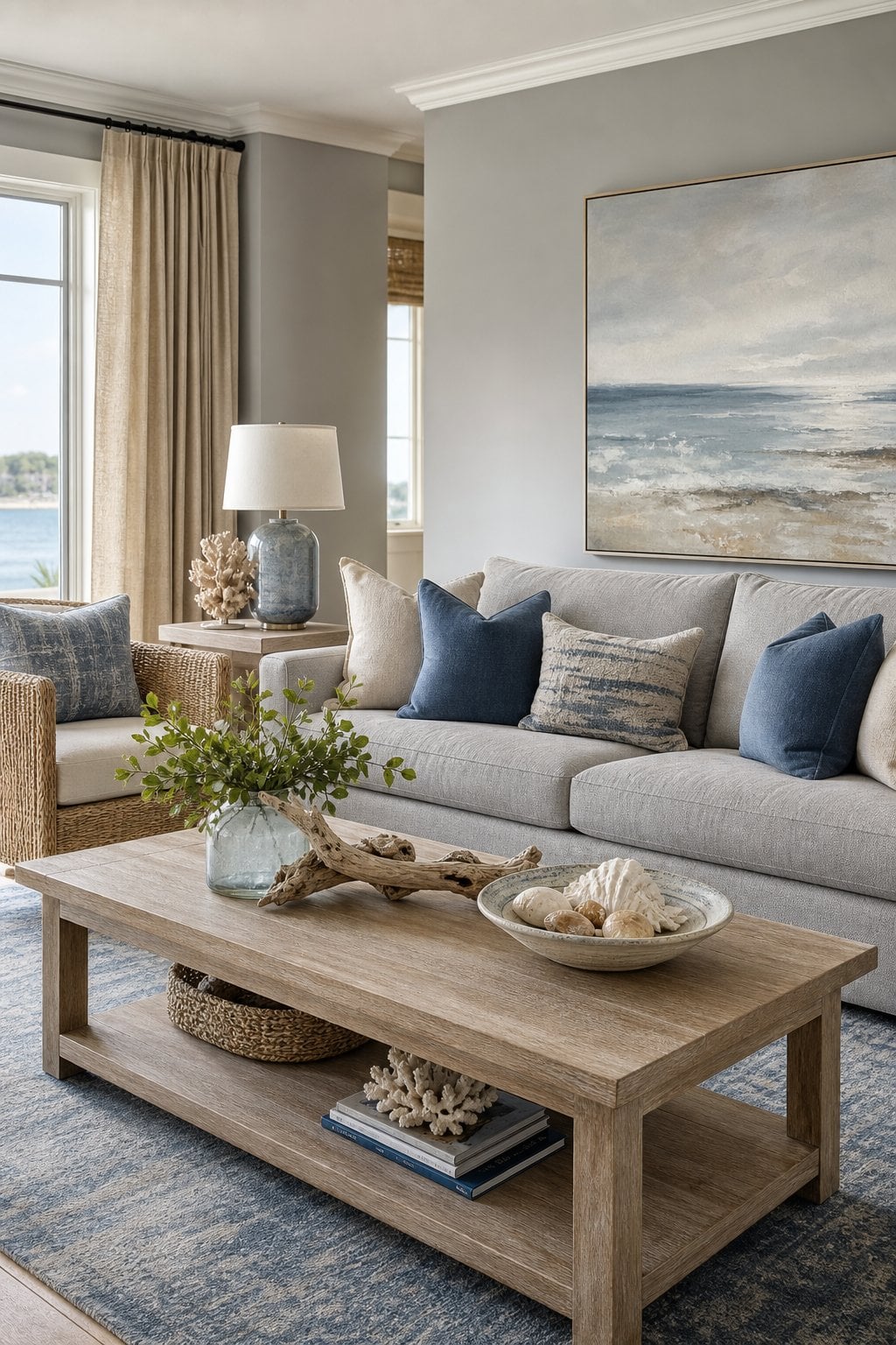 Grey Coastal Living Room Blue Beige Details Decor Idea 4 Coastal Art