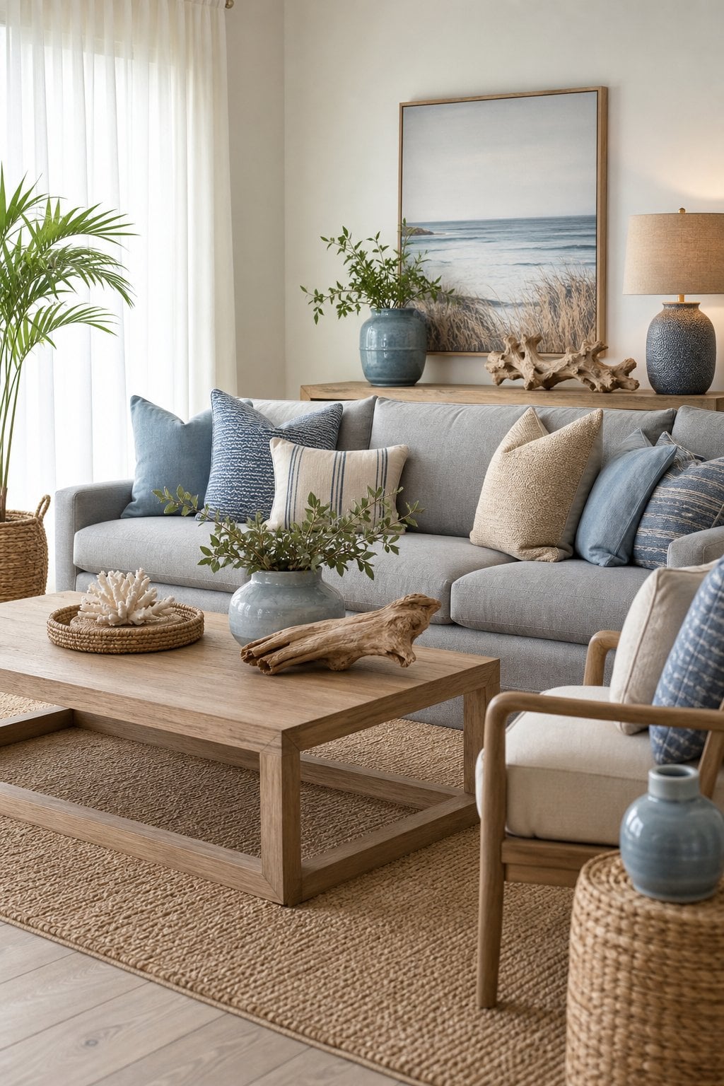 Grey Coastal Living Room Blue Beige Details Decor Idea 5 Natural Wood Accents