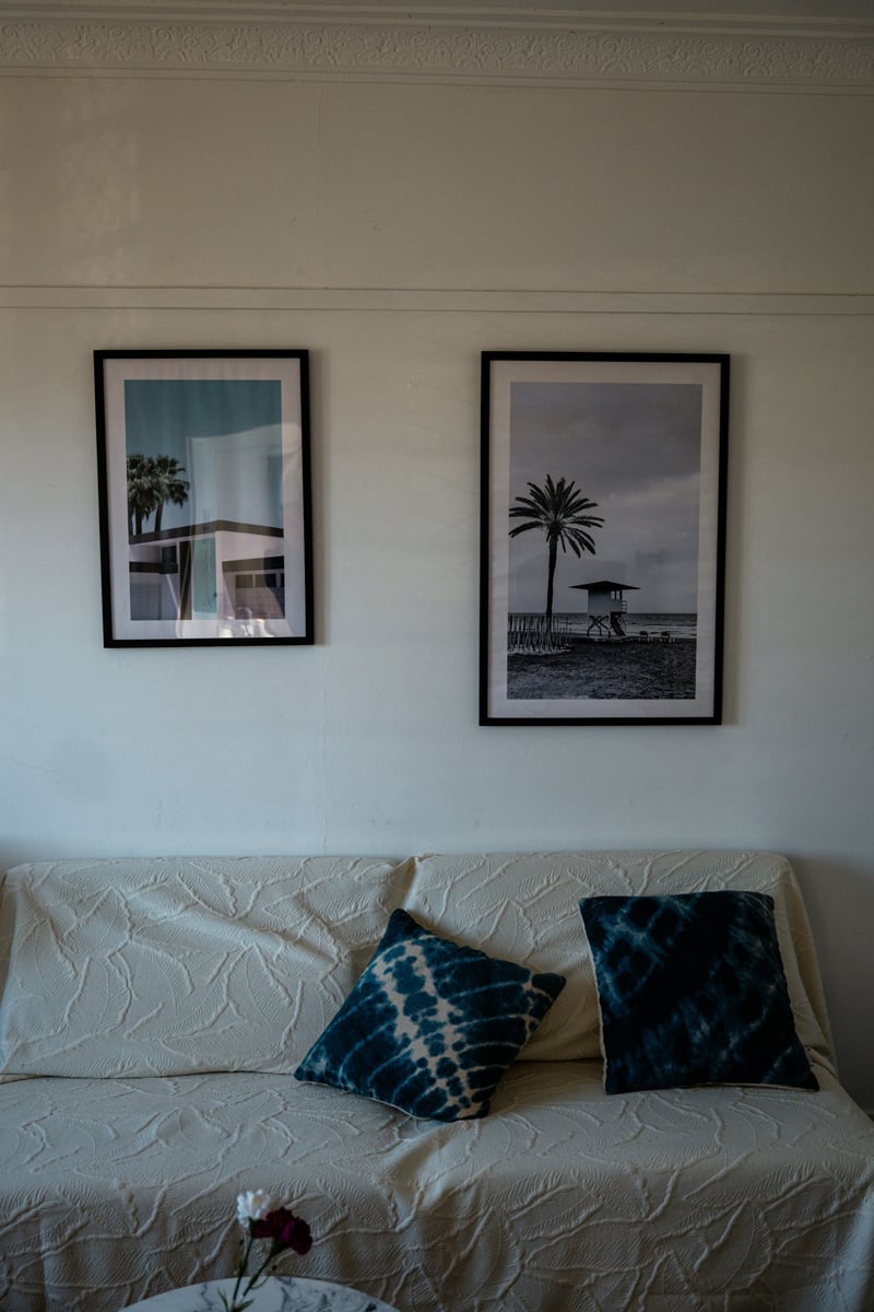 Grey Sofa and Blue Patterned Pillows