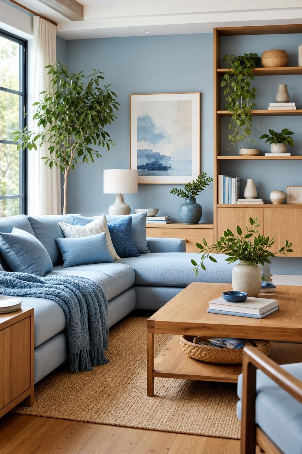 Light Blue Living Room Decor Idea 2 Warm Wood Tones