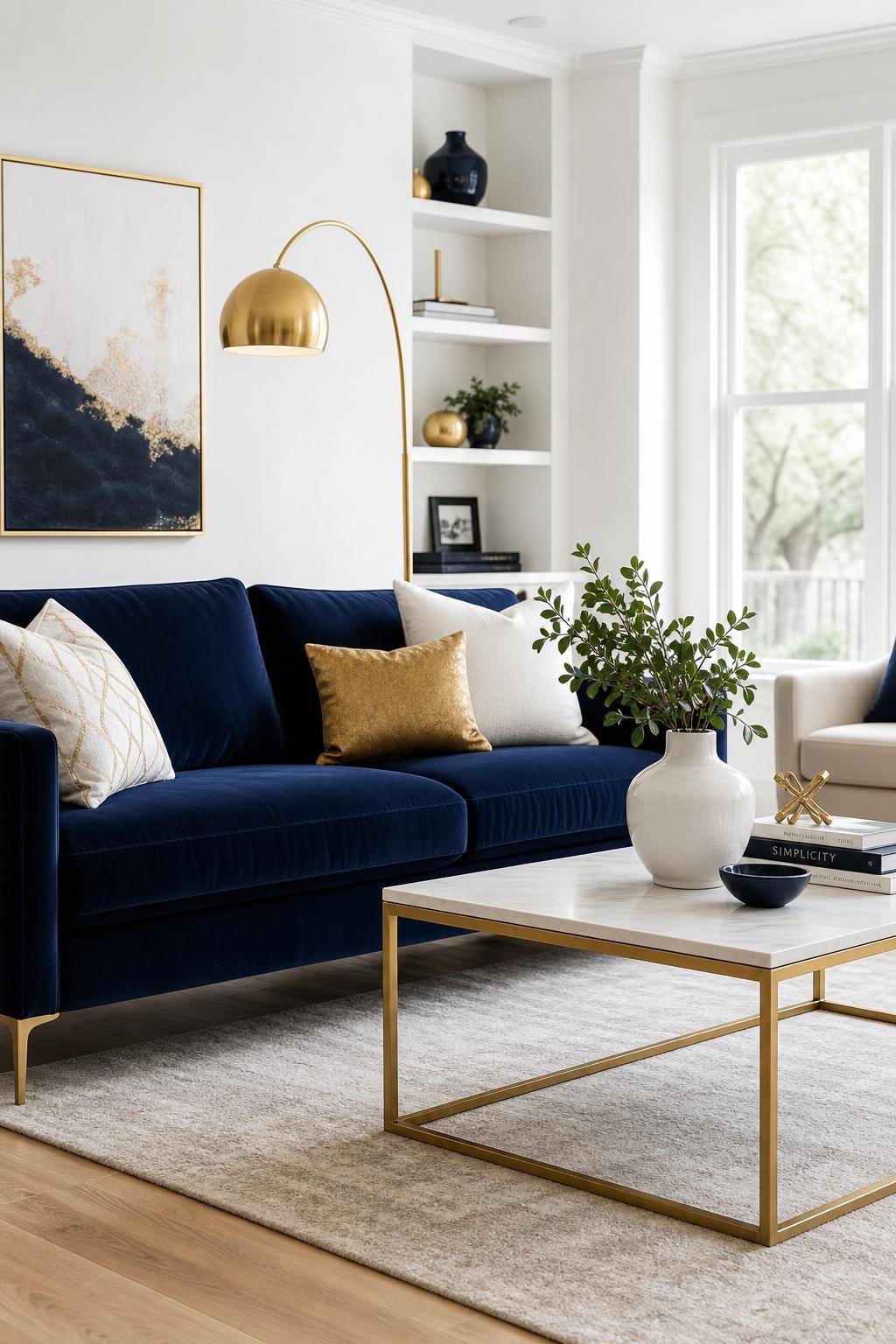 Living Room Color Combo 3 Navy Blue Brass Crisp White