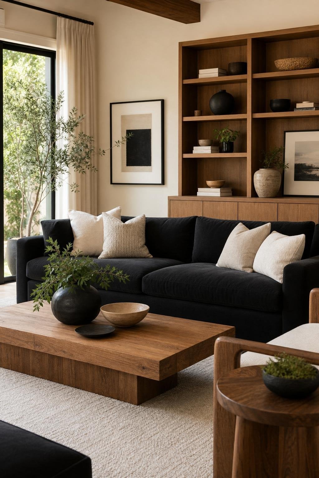 Living Room Color Combo 5 Soft Black Ivory Warm Wood