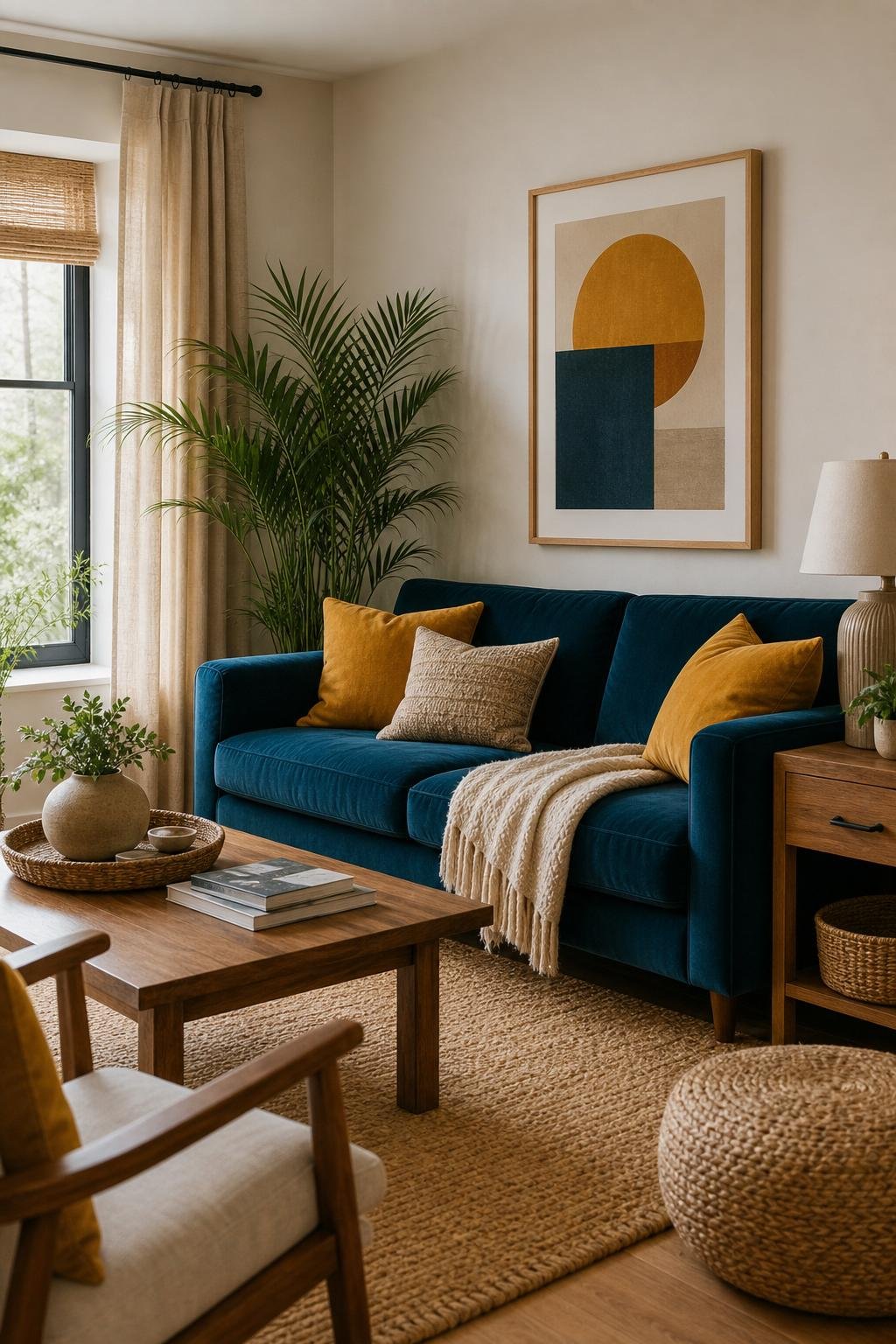 Living Room Color Combo 9 Mustard Deep Teal Natural Fiber Textures