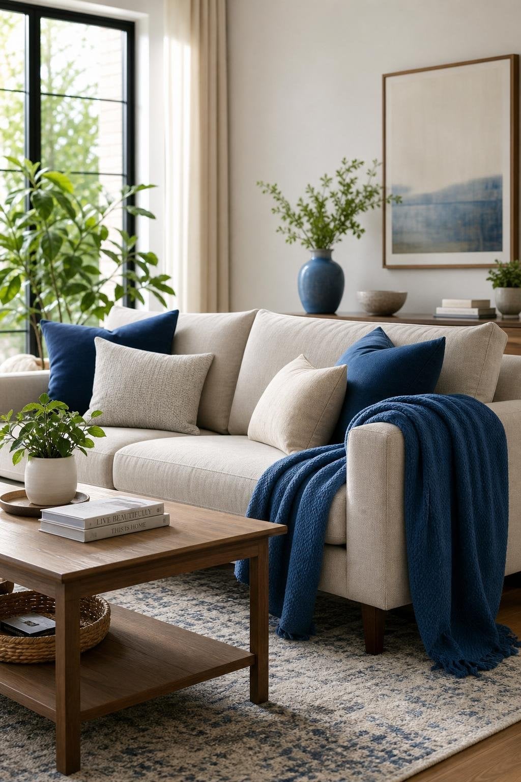 Neutral and Blue Living Room Decor Idea 1 Sofa Throw