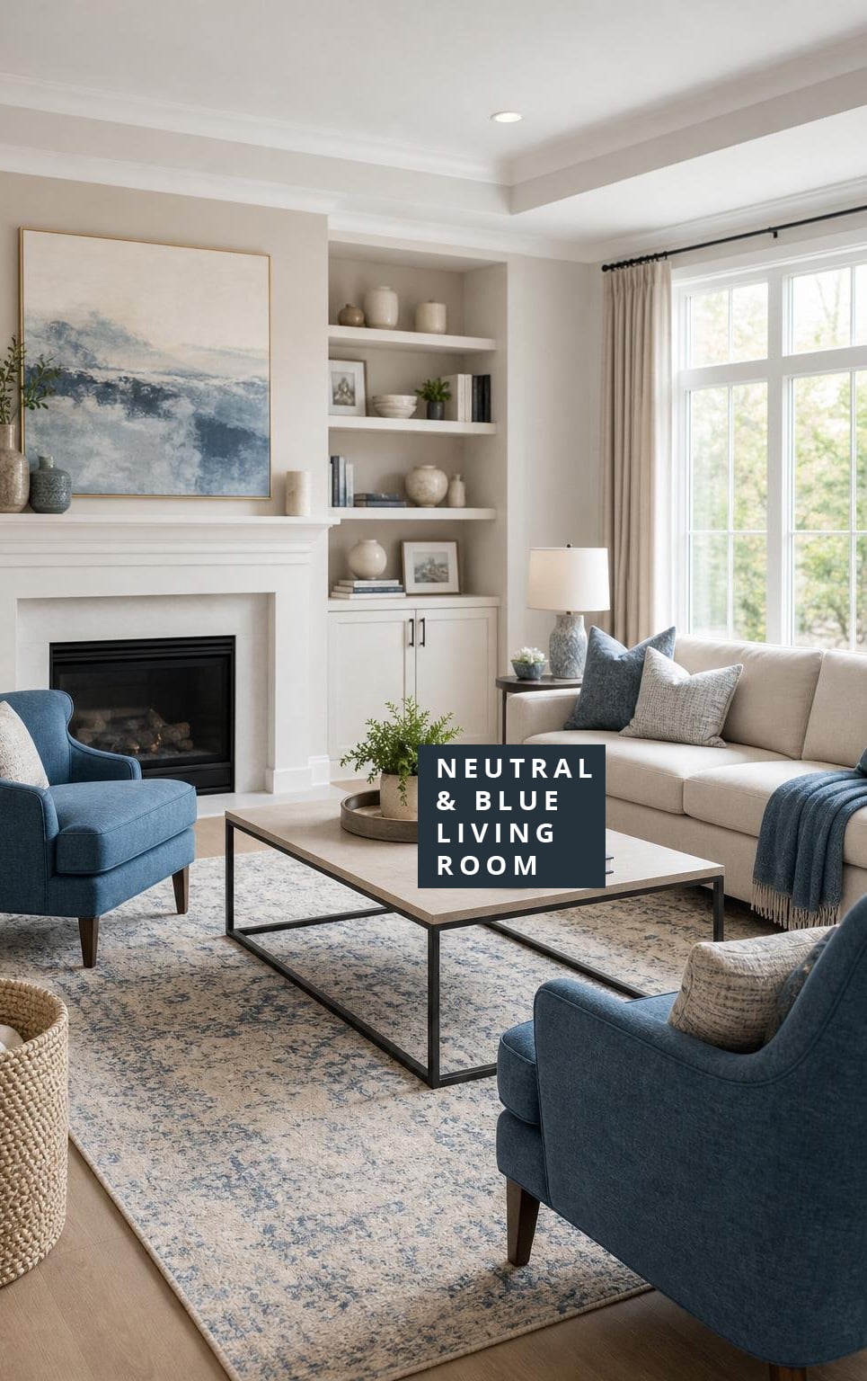 Neutral and Blue Living Room Decor Idea 2 Accent Chairs