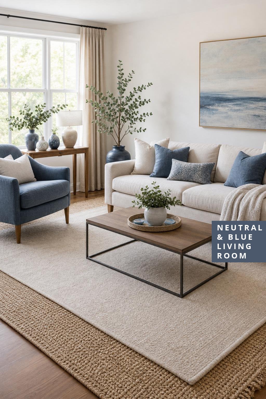 Neutral and Blue Living Room Decor Idea 3 Rugs