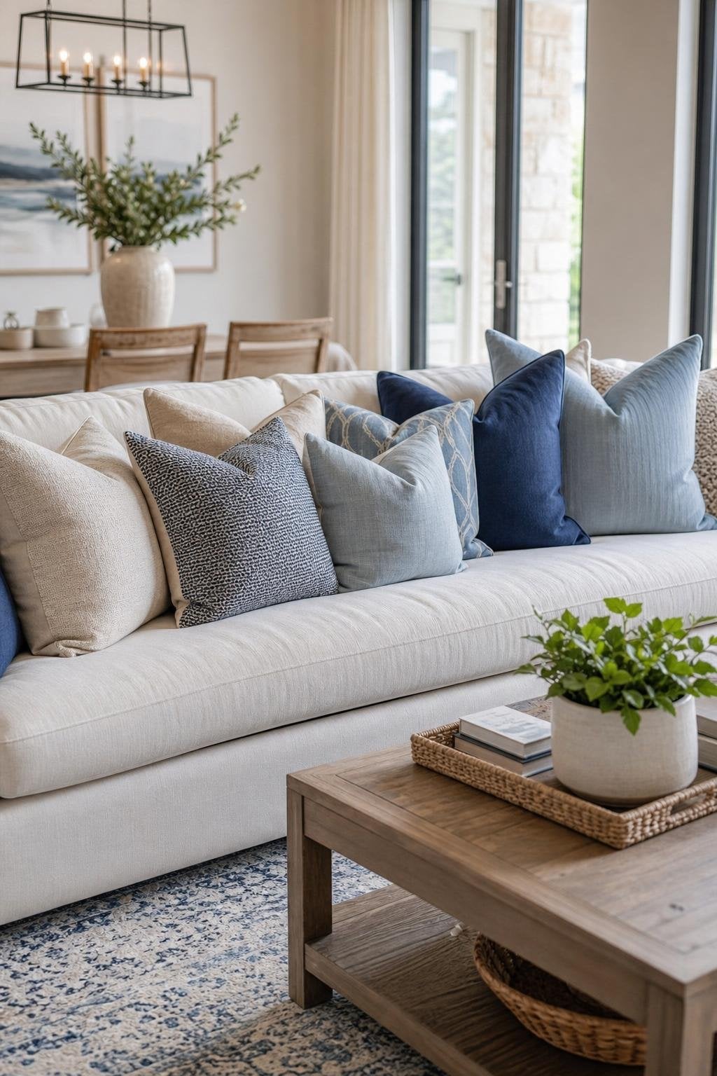 Neutral and Blue Living Room Decor Idea 5 Throw Pillows